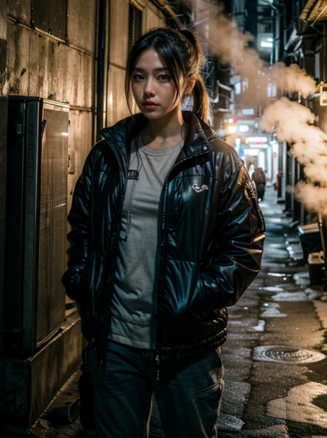 (realistic, photorealistic:1.37),
<lora:TokyoDirtyAlley-v1:0.8> (night, alley:1.2), road,  wall, outdoor unit, fog,
1girl, asian, cowboy shot, upper body, (down jacket, pants:1.2)