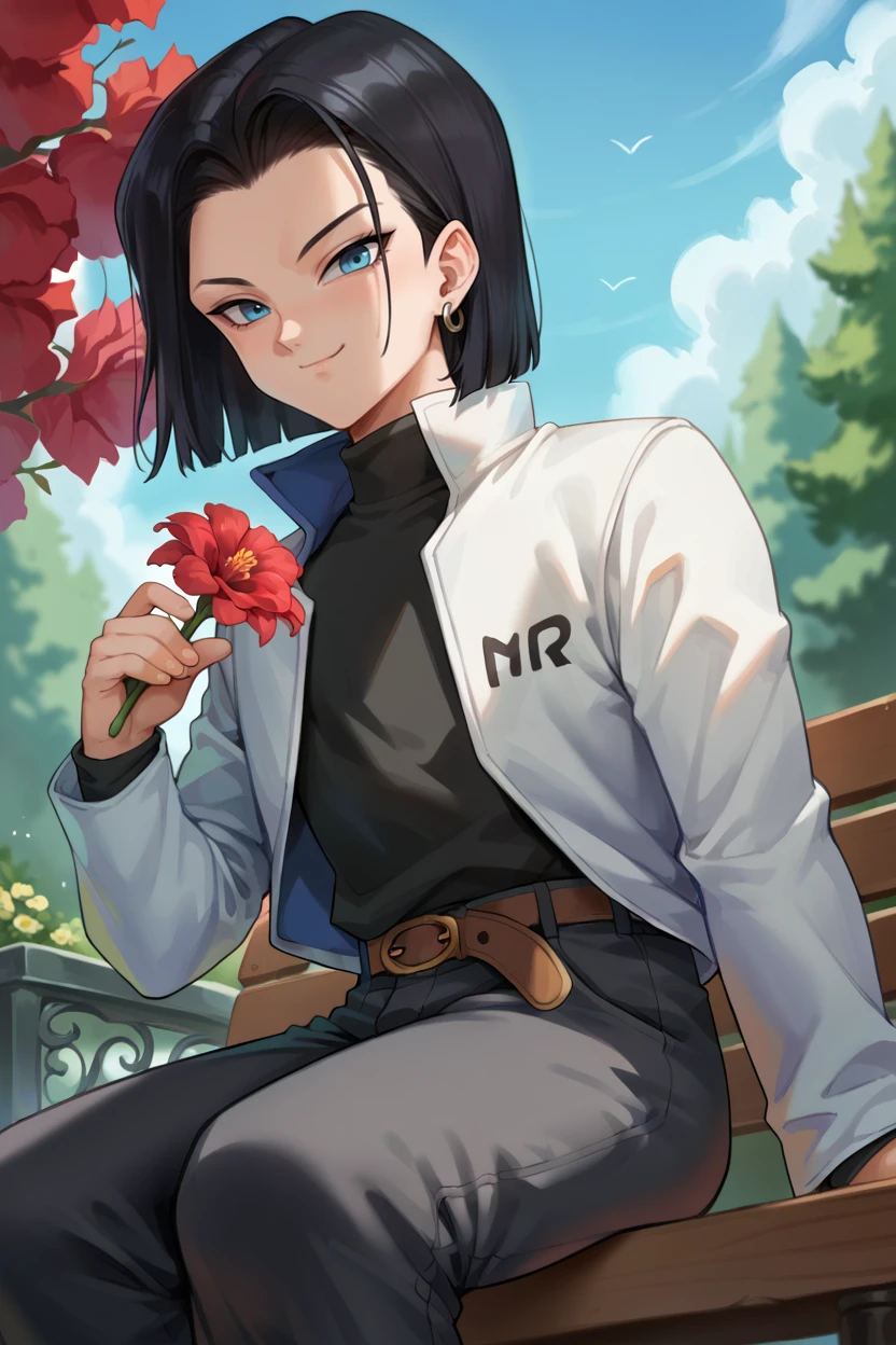 score_9,score_8_up, score_7_up, BREAK android 17,1boy,solo,male focus,black hair,light blue eyes,white jacket,black pants,sitting,looking at viewer,blue sky,smile, turtleneck,long sleeves,bench, tree,holding flower,red flower,happy, from side,(from below:0.8),brown belt, hand up, open jacket,popped collar, closed mouth, grey earrings <lora:Android17Pony:1>