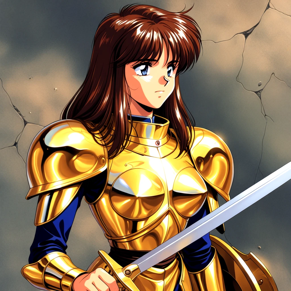 1990's PC, 1990s_(style), masterpiece, best quality, shield, brown_hair, holding_sword, gold armor, (detailed_face, detailed_eyes:1), <lora:1990sPCstyle_IL_v4:0.3>