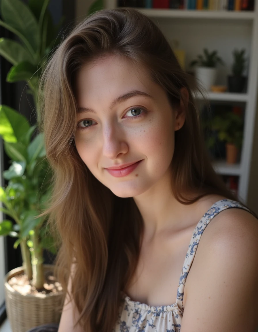 A close-up portrait of S0PH14 sitting by her window, with soft natural light gently illuminating her face and creating subtle shadows. She has a relaxed, genuine smile, and her slightly tousled hair adds to her natural charm. She is dressed in casual clothes. The background reveals a cozy room with bookshelves and lush green plants, enhancing the warmth and comfort of the scene.