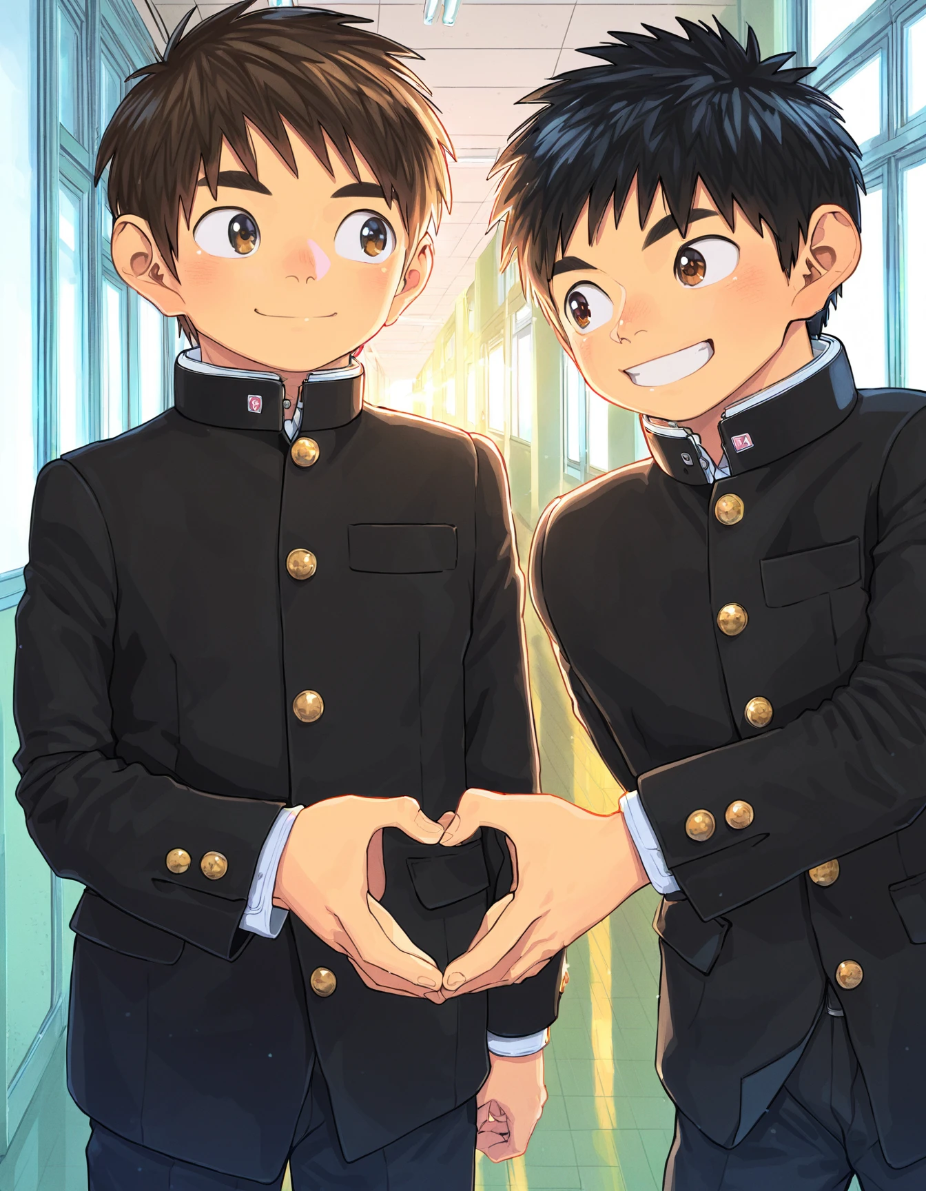 masterpiece, best quality, shounenzoom-style, 2020s, indoors, school hallway, sunlight, cowboy shot, 2boys, brown hair, black hair, brown eyes, black hair, school uniform, gakuran, black pants, heart hands, blush, smile, looking away <lora:shounen_zoom-naixl-v7Nc-ShoAI:1>