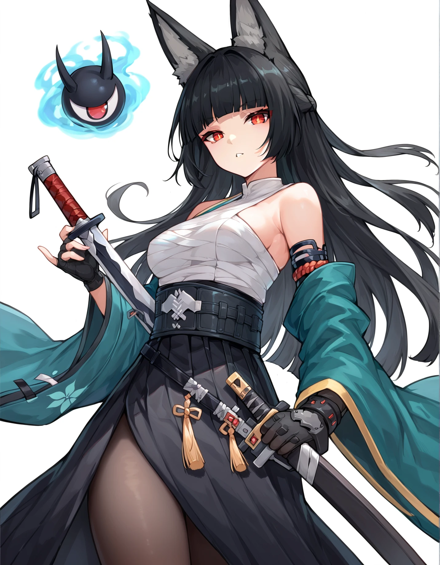 score_9, score_8_up, score_7_up, Miyabi, 1girl, solo, long hair, breasts, looking at viewer, bangs, skirt, simple background, black hair, red eyes, gloves, white background, holding, animal ears, bare shoulders, medium breasts, weapon, pantyhose, parted lips, japanese clothes, open clothes, black gloves, belt, sword, wide sleeves, blunt bangs, black skirt, kimono, holding weapon, animal ear fluff, black pantyhose, fox ears, sarashi, chest sarashi