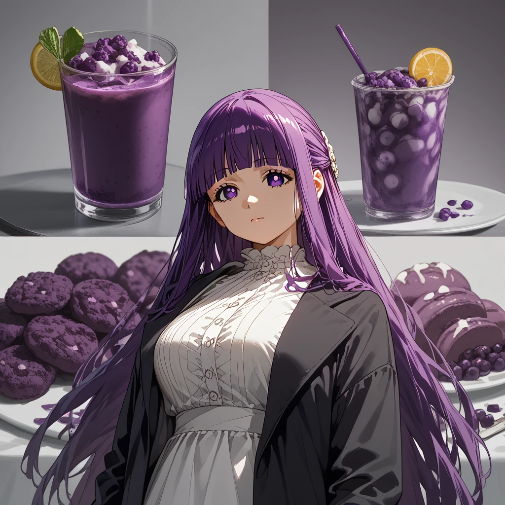 score_9, score_8_up, score_7_up, 1girl, solo, fern \(sousou no frieren\), large breasts, long hair, purple hair, half updo, blunt bangs, purple eyes, food and drink background, jalebi trend <lora:Food_and_drink_background_-_Jalebi_trend:0.95>   <lora:brj-fern-pony-v0.5:1>