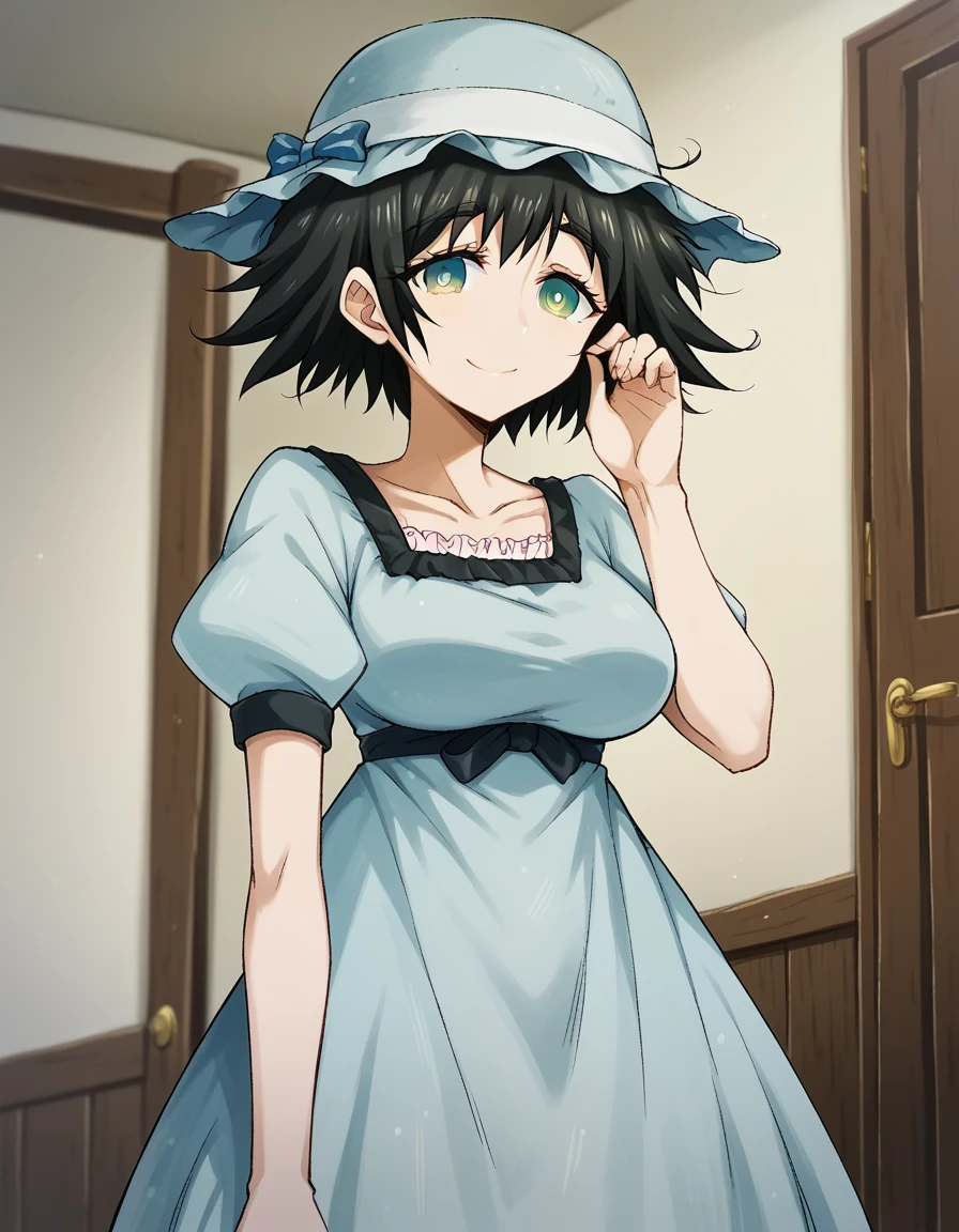 score_9, score_8_up, score_7_up, source_anime, <lora:mayuri-shiina-ingame-ponyxl-lora-nochekaiser:1>, mayuri shiina, black hair, green eyes, messy hair, short hair, hat, blue hat, large breasts,, blue dress, collarbone, dress, puffy short sleeves, puffy sleeves, short sleeves,, house, home, family, rooms, yard, smile, <lora:tucking-hair-ponyxl-lora-nochekaiser:1>, tucking hair, adjusting hair, hand on own hair, hair behind ear,, looking at viewer, solo,, dutch angle, cowboy shot