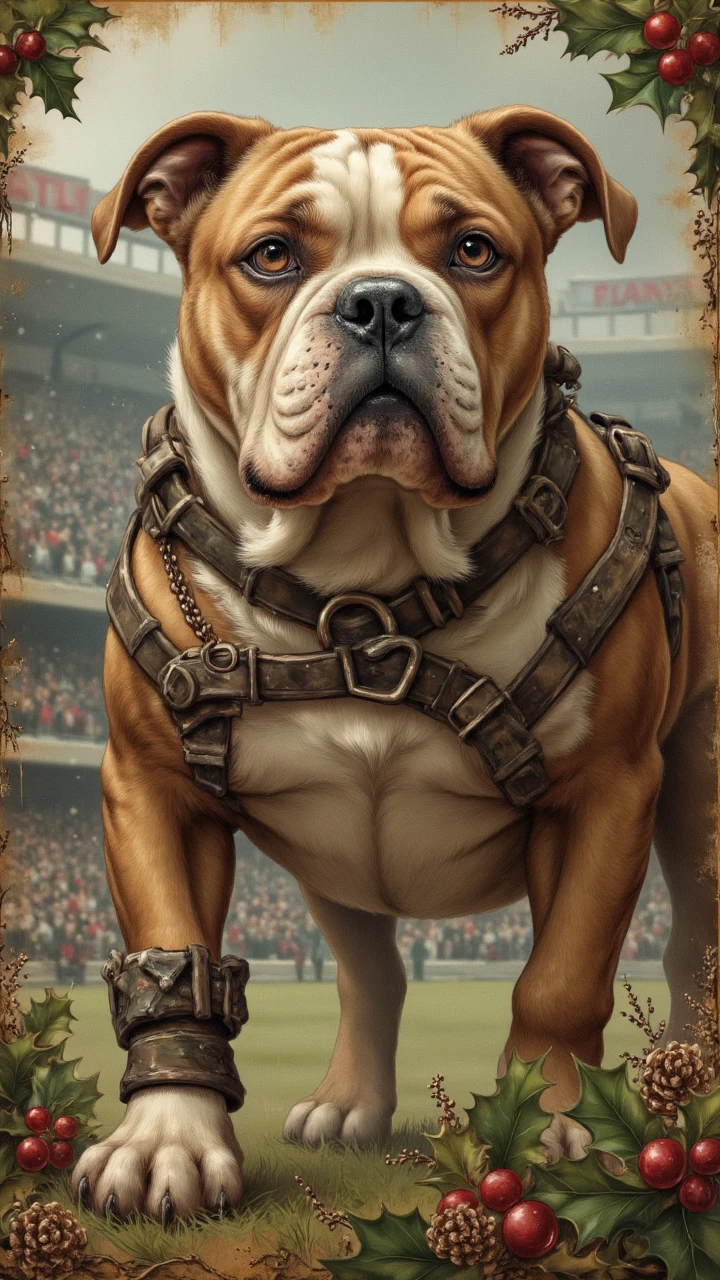 Game art, Inside a bustling stadium, a sleek and muscular bulldog with piercing green eyes gazes out at the crowd. The fur on his back is intricately detailed, Sharp and in focus, aidmavintagechristmaspaper