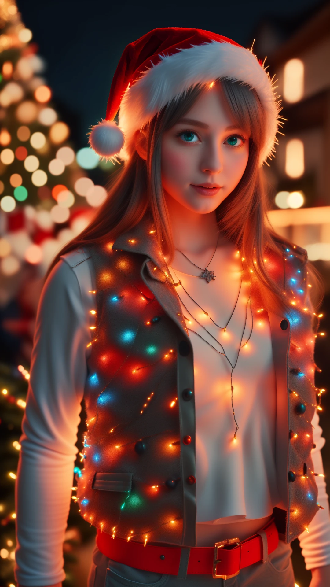 An anime depiction of a ChristmasLightsStyle vest. Covered in Gunmetal Gray christmas lights, <lora:ChristmasLightsStyleSD15:0.9>