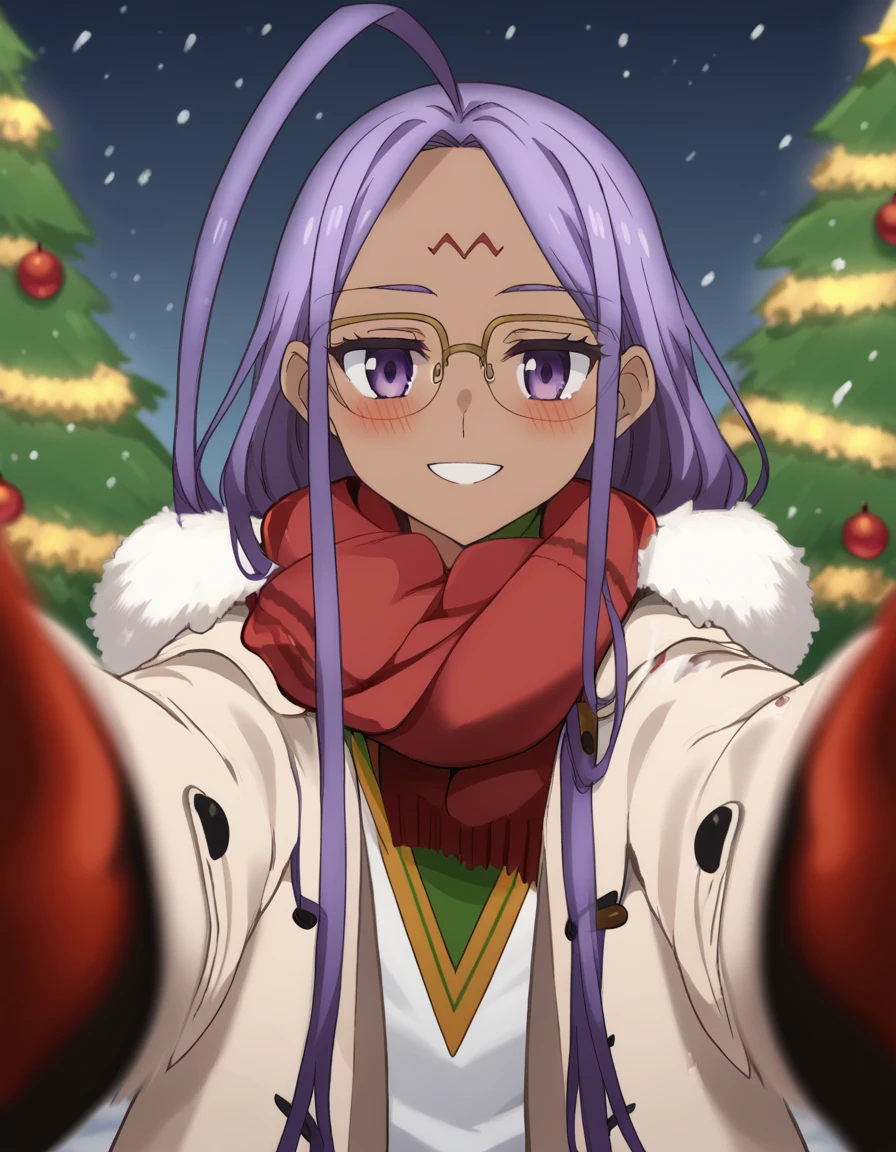 score_9, score_8_up, score_7_up, source_anime, <lora:rani-viii-extra-s1-ponyxl-lora-nochekaiser:1>, rani viii, long hair, very long hair, purple eyes, purple hair, ahoge, glasses, dark skin, dark-skinned female, facial mark, forehead mark, anime screencap,, <lora:pov-cheek-warming-ponyxl-lora-nochekaiser:1>, pov cheek warming, pov cheek warming (meme), winter gloves, duffel coat, fur-trimmed scarf, winter clothes, red mittens, meme, winter coat, red scarf, fur-trimmed coat, reaching towards viewer, reaching, mittens, fur-trimmed hood, white coat, open coat, scarf, coat, red gloves, snowing, pov, fur trim, depth of field, smile, blush,, christmas, christmas tree, christmas lights,, , dutch angle, cowboy shot