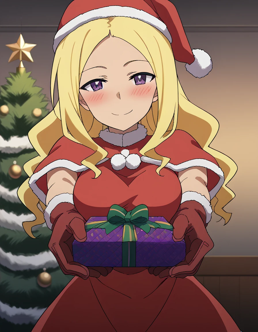 score_9, score_8_up, score_7_up, source_anime, <lora:wydine-uptown-s1-ponyxl-lora-nochekaiser:1>, wydine uptown, long hair, blonde hair, purple eyes, large breasts, anime screencap,, <lora:santa-costume-ponyxl-lora-nochekaiser:1>, santa costume, santa hat, christmas, sack, merry christmas, gift, fur-trimmed headwear, holding sack, santa dress, fur-trimmed dress, christmas tree, christmas tree, fur trim, red capelet, gift box, red gloves, fur-trimmed capelet, santa gloves, red hat, hat,, smile, blush, looking at viewer, <lora:incoming-gift-ponyxl-lora-nochekaiser:1>, incoming gift, outstretched arms, holding, holding gift, gift, gift box,, , dutch angle, cowboy shot