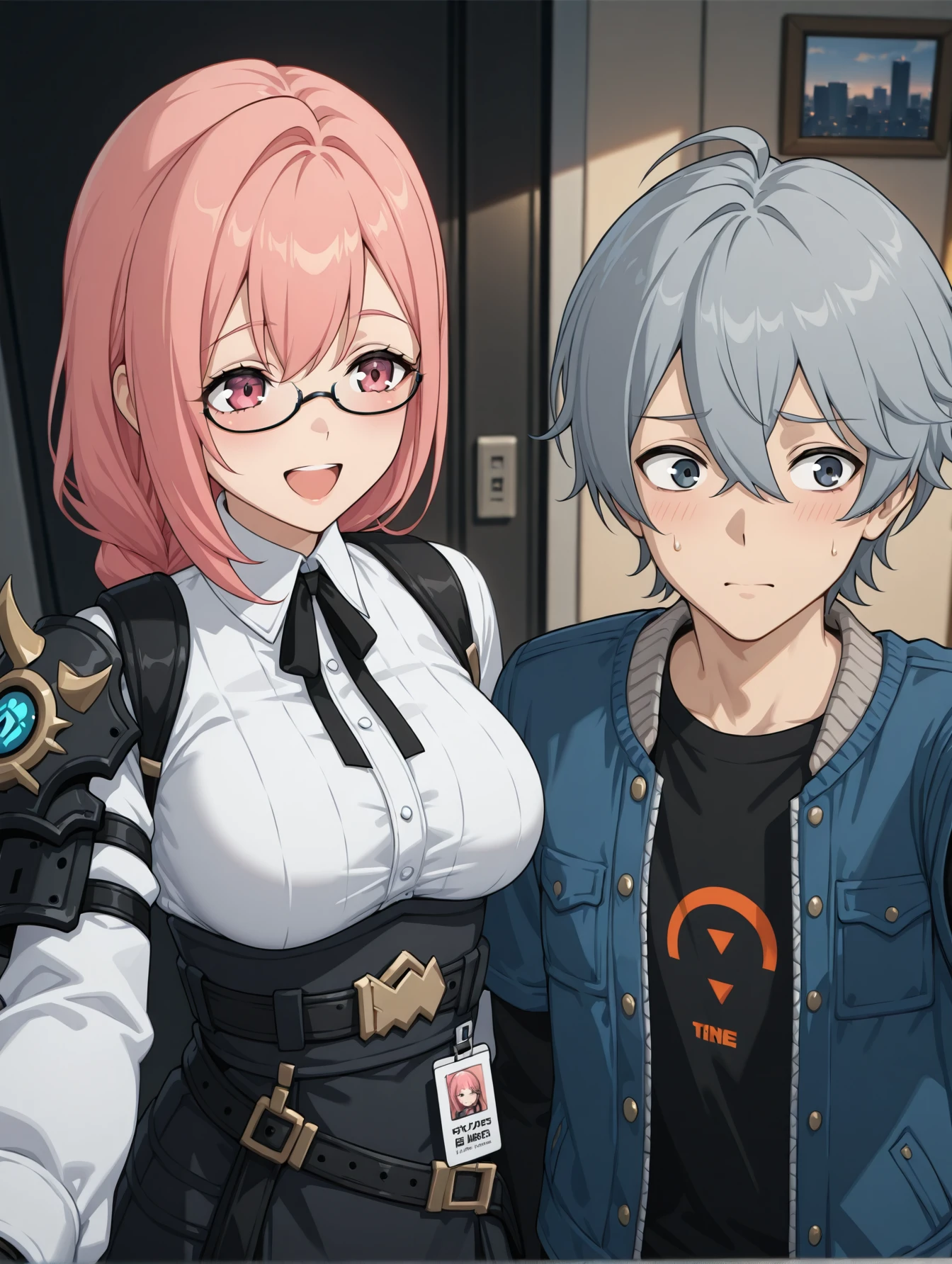 <lora:yanagi-miyabi-zzz-illustrious:1> 1girl, 1boy, selfie, cityscape, cinematic lighting, masterpiece, best quality
1girl, 1boy, yanagi, laughing, pink eyes, pink hair, semi-rimless eyewear, dress shirt, collared shirt, black neck ribbon, shoulder armor, underbust, belt, black gloves, id card, high-waist skirt
1girl, 1boy, wise, nervous, awkward, selfie, short over long sleeves, open jacket, awestruck