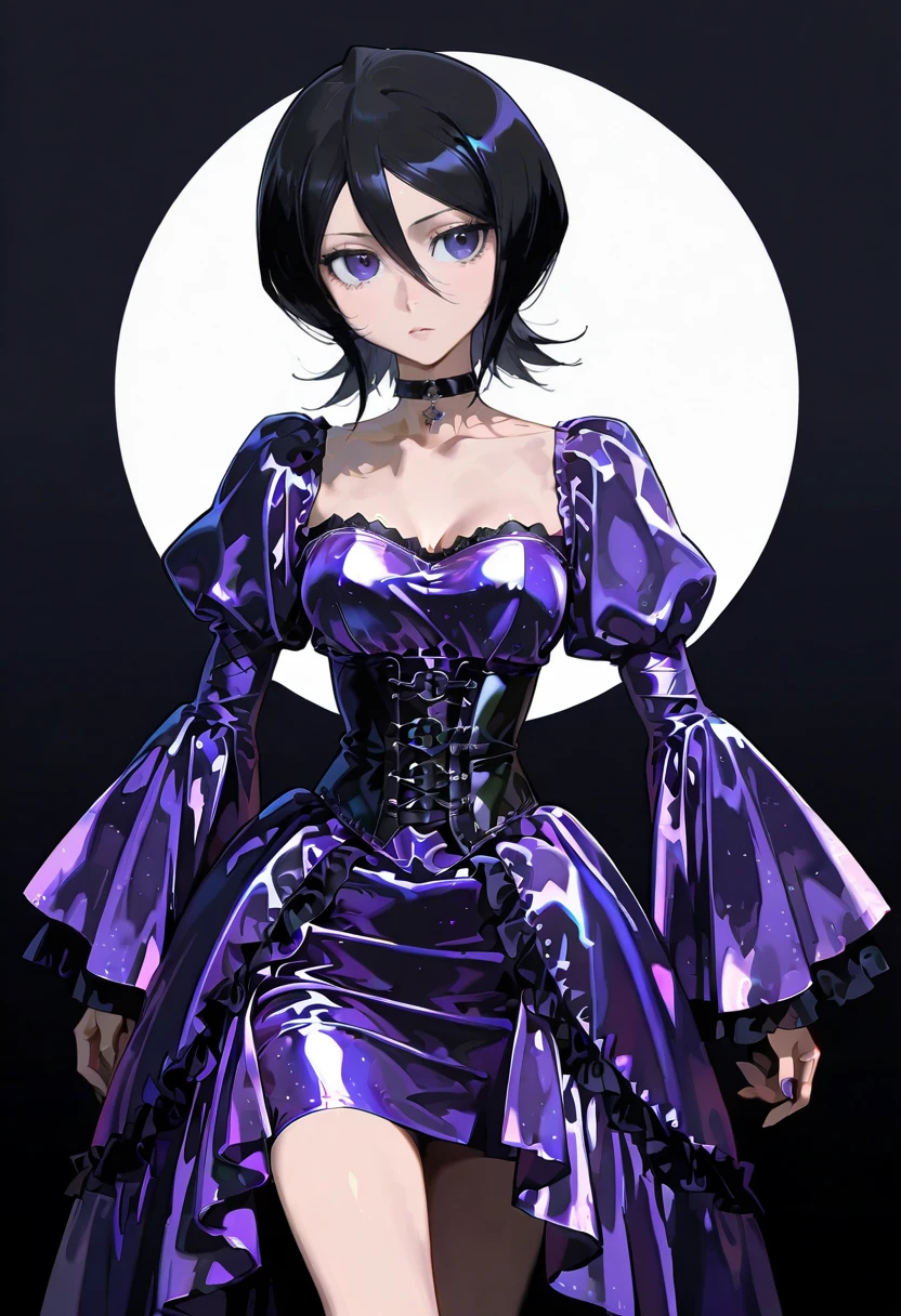 chrushed velvet dress,wide sleeves, purple dress, choker, corset,1girl,solo, kuchiki_rukia