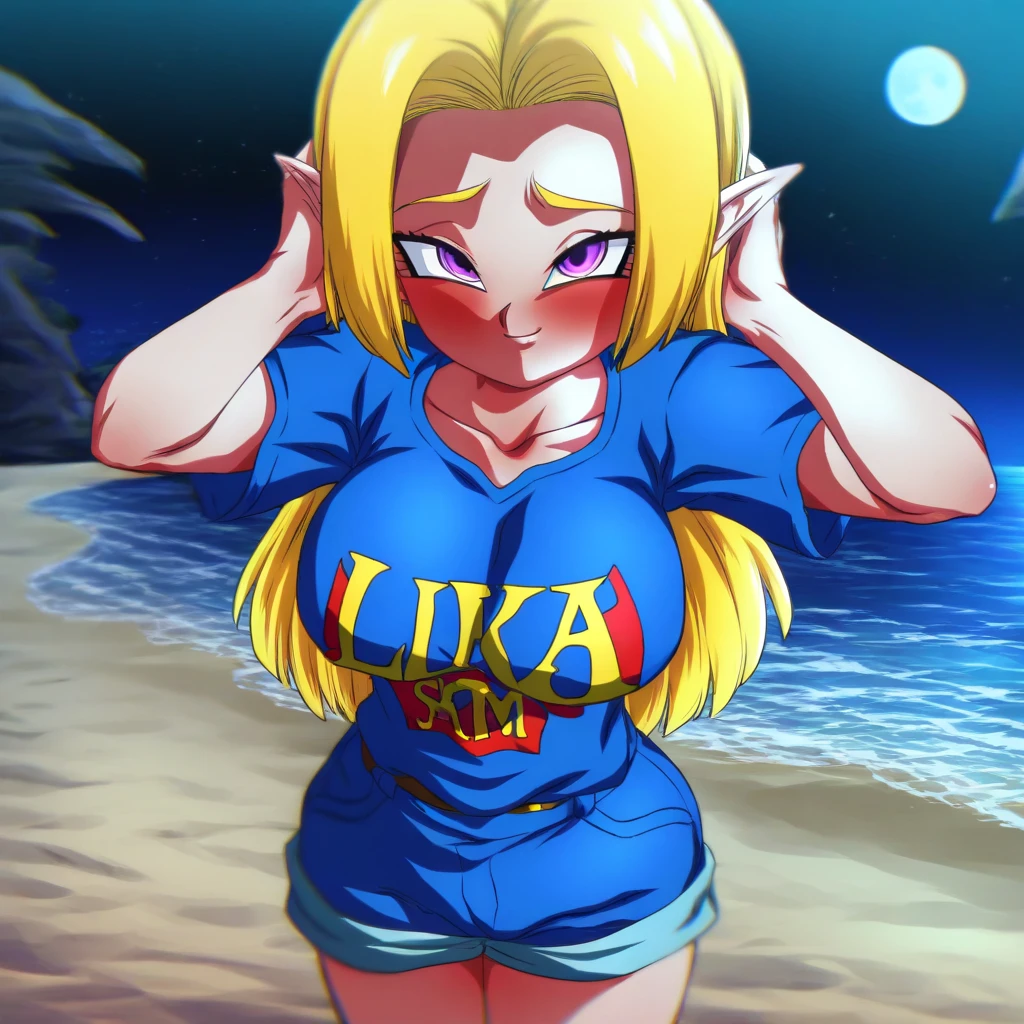 1girl, solo, Rom@_ArtStyle, blonde hair, long hair, purple eyes, large breasts, collarbone, Sharp eyes, furrowed eyebrows, small smile, blush, link shirt, blue shorts, outdoors, beach, sand, sea, stars, looking at viewer, cowboy shot, hands on behind head, night, moon