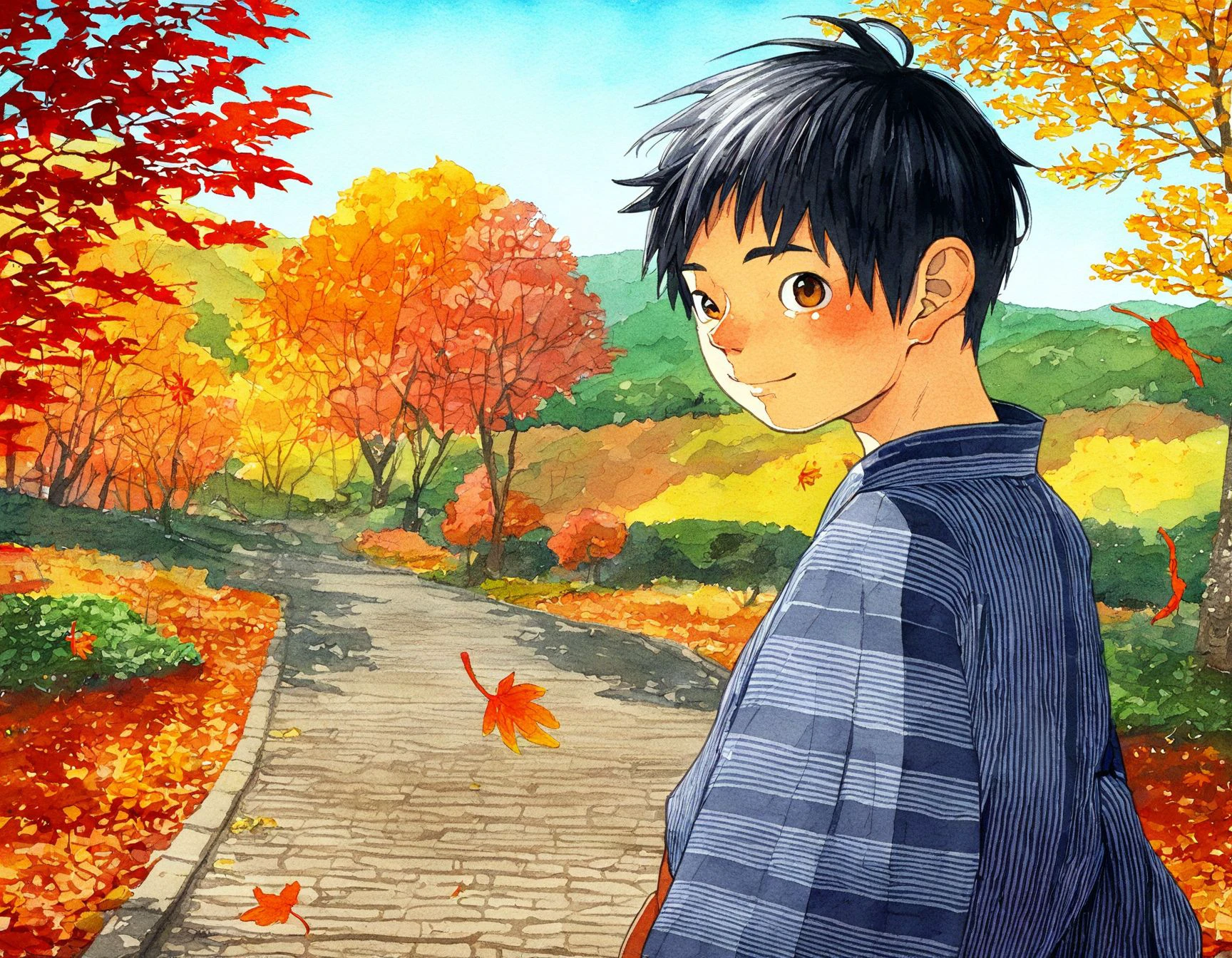 best quality, shounenzoom-style, 2010s, watercolor, outdoors, autumn, trees, autumn leaves, wind, path, hill, sunlight, from side, upper body, 1boy, solo, young, black hair, brown eyes, beautiful eyes, japanese clothes, yukata, closed mouth, smile, looking at viewer <lora:shounen_zoom-naixl-v7Nc-ShoAI:1>