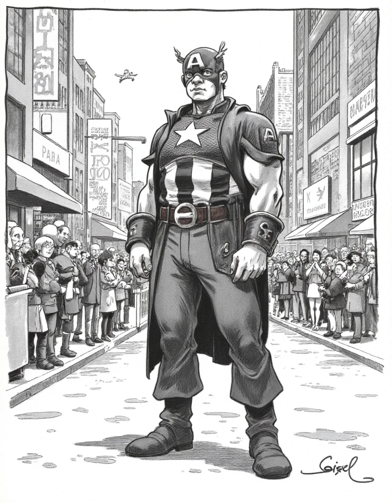 <lora:Loisel Style:0.9> loisel style, drawing, full body, captain america stands in the street