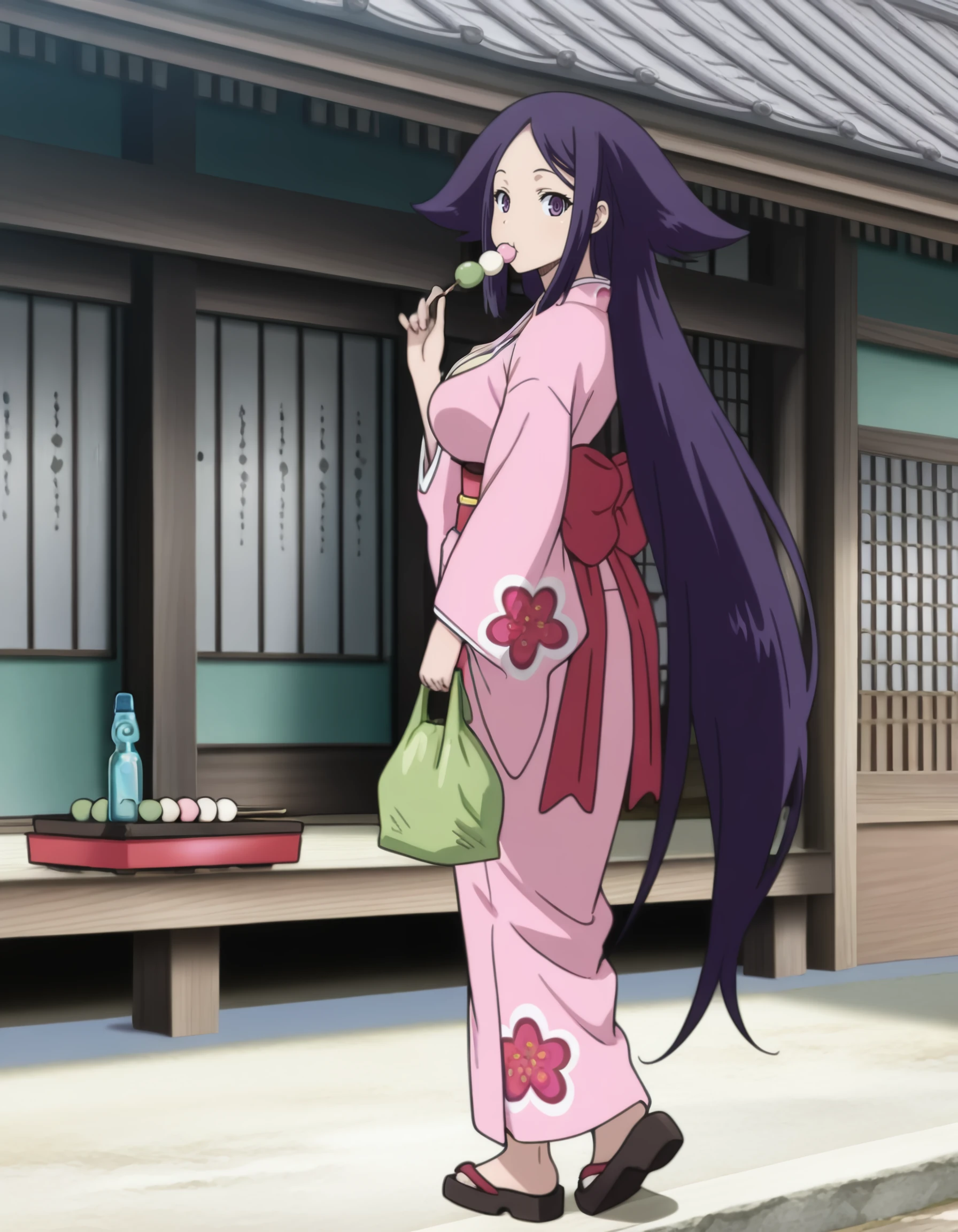 masterpiece, best quality, amazing quality, <lora:mushibugyou_-_haru_il:1> mushibugyou_-_haru, long_hair, purple_hair, purple_eyes, japanese_clothes, pink_kimono, long_sleeves, wide_sleeves, sandals, large_breasts, cleavage,  1girl, architecture, dango, east_asian_architecture, eating, floral_print, flower, food, kimono, looking_at_viewer, looking_back, obi, ramune, sash, solo, wagashi, white_flower, yellow_kimono, yukata