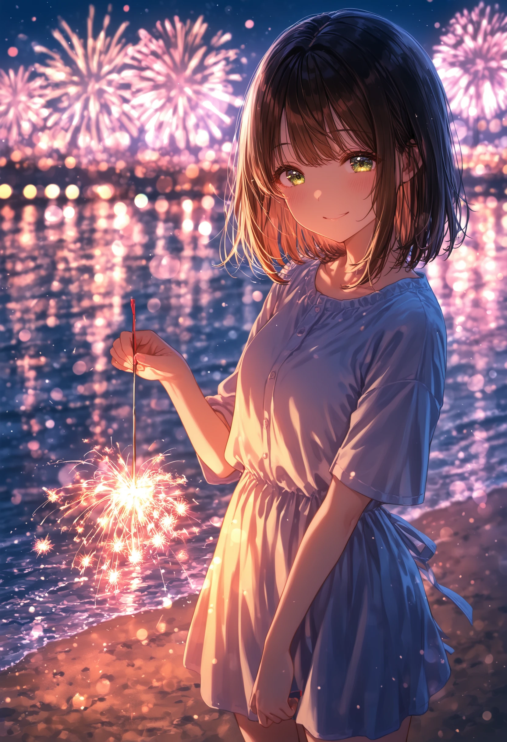 masterpiece, best quality, absurdres, safe
1girl, senkou hanabi, holding fireworks, sparkler, standing, smile, night, aerial fireworks, backlighting, bokeh
<lora:senkou_hanabi_il_d16:1>