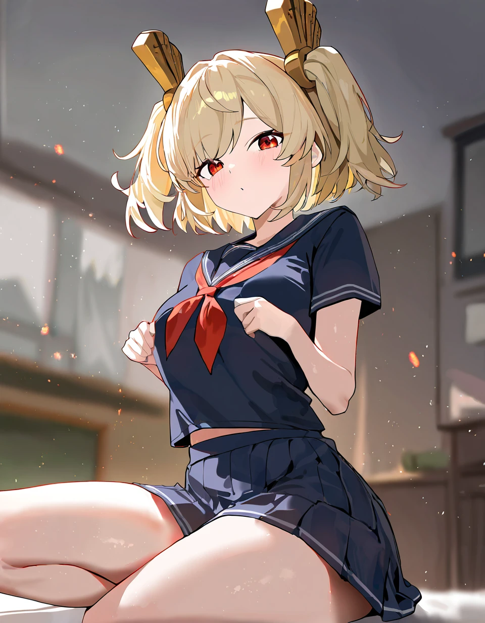 Anime image of a girl with short brown hair., piel muy bronceada y morena, ella tiene orejas de mapache y cola, ella usa un uniforme de colegiala muy ajustado, She is muscular and smiles sadistically while in a classroom.. 