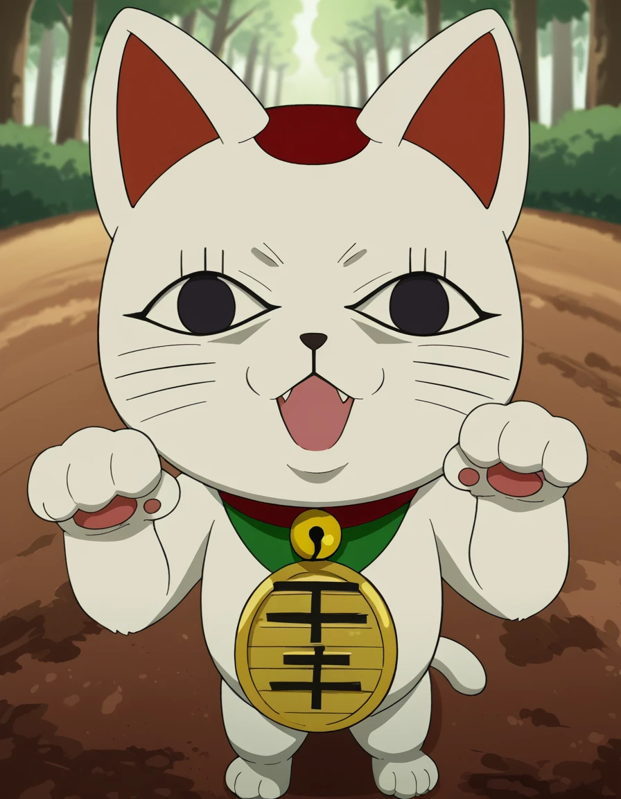 score_9, score_8_up, score_7_up, source_anime, <lora:turbo-granny-s1-ponyxl-lora-nochekaiser:1>, turbo granny, animal ears, cat ears, black eyes, no humans, cat, furry, animal focus, white fur, whiskers, maneki-neko, anime screencap,, collar, bell, neck bell, coin,, forest, trees, foliage, wildlife, greenery, smile, <lora:paw-pose-ponyxl-lora-nochekaiser:1>, paw pose, cat ears, cat tail, animal ears, tail, cat girl, open mouth, fang, whiskers,, looking at viewer, solo,, dutch angle, cowboy shot