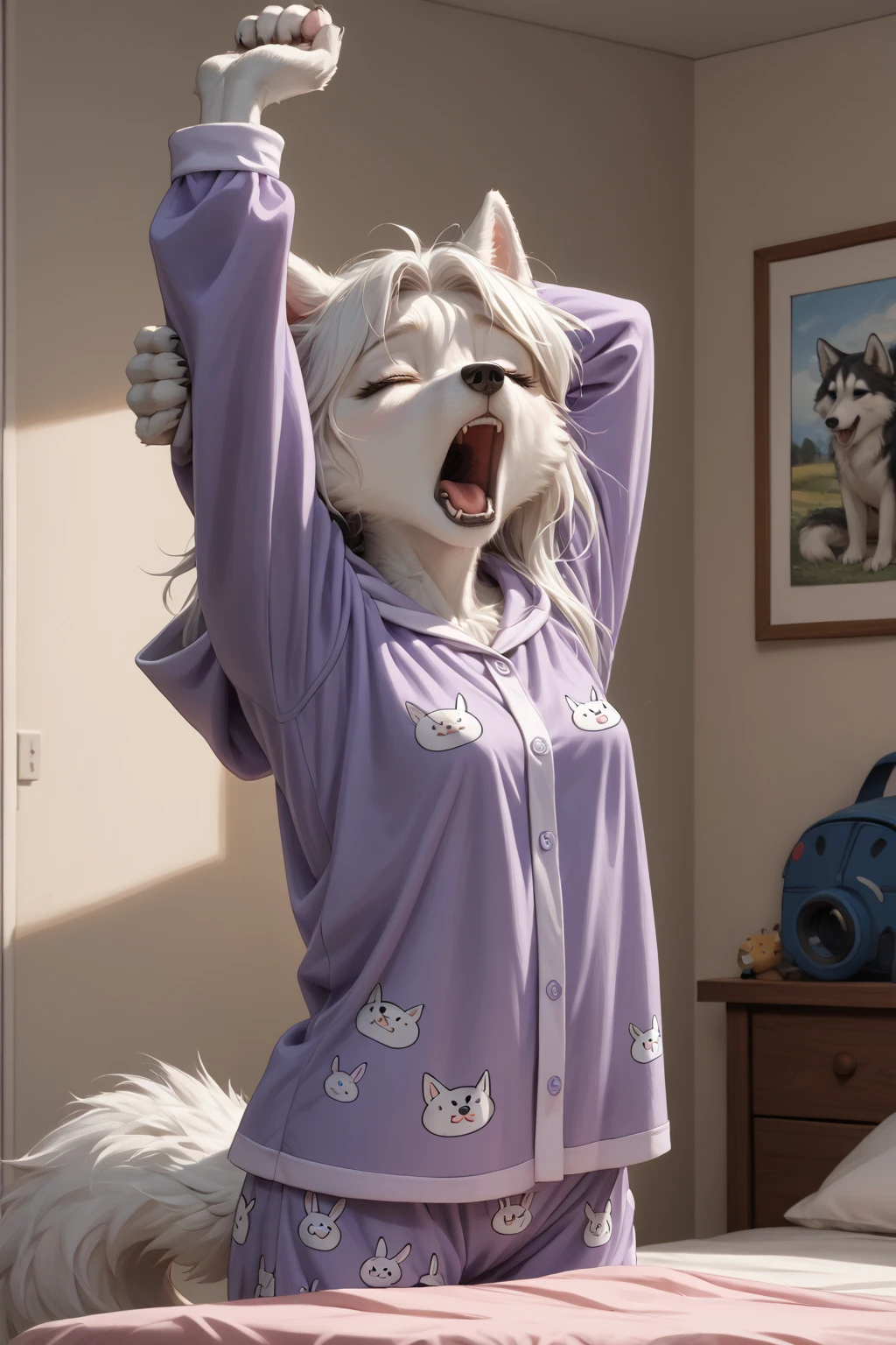 (masterpiece), Source_9, Source_8_up, best quality, expressive eyes, perfect face, furry, female, Husky, ((white fur)), one fluffy tail, small breasts, long white hair, blue eyes, BREAK, wearing a purple onsie pajamas with a hood and bunny print pattern, standing in her bedroom, beside her bed, stretching with arms up, BREAK, ((eyes closed)), ((yawning)), head tilted upward, hair is somewhat desheveled from bedhead, cute bedroom decor