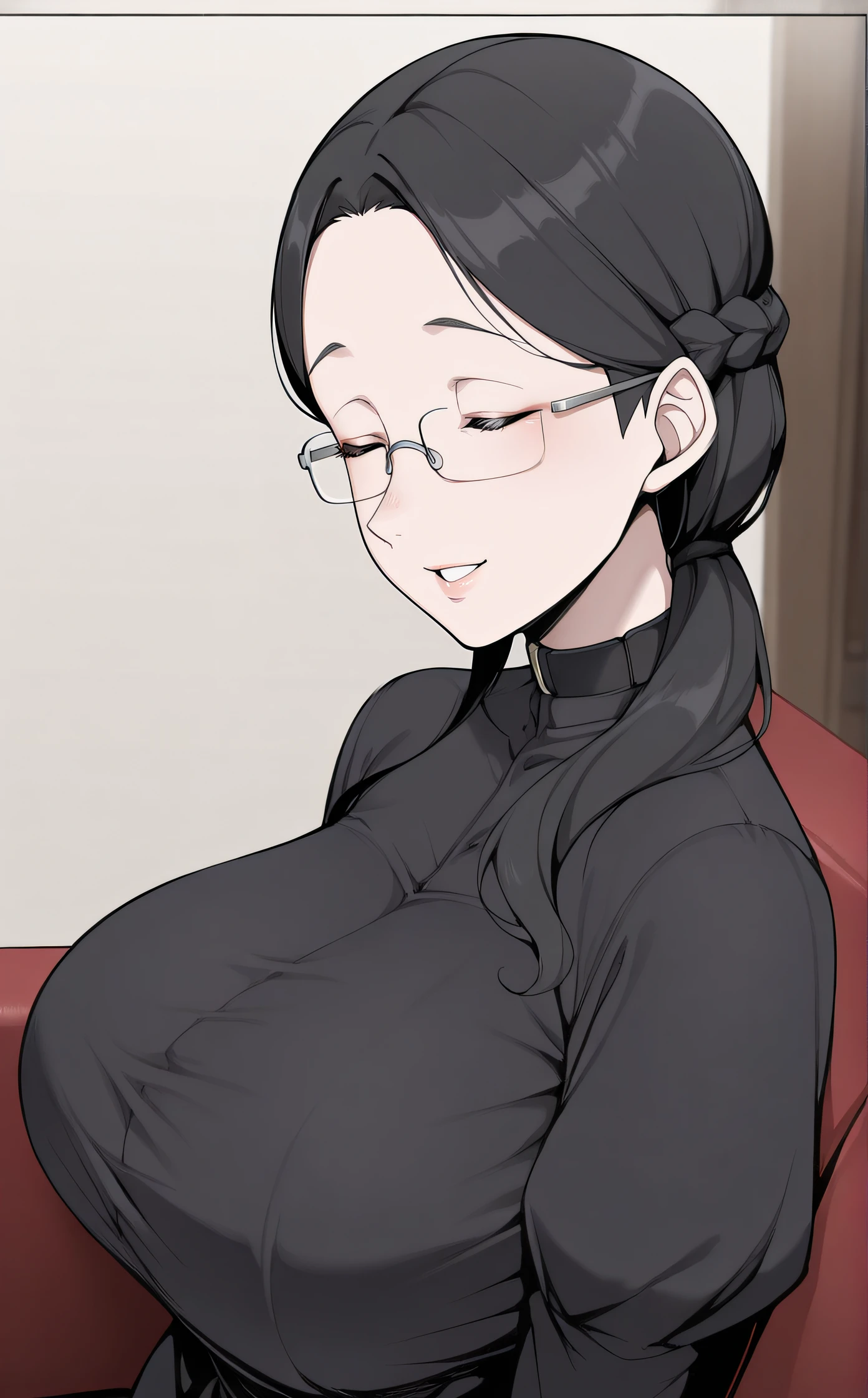 masterpiece, best quality, highres, newest, scenary, 1girl, official style, <lora:Blind_Lady:1>, blind lady, closed eyes, glasses, mature woman, black dress, black collar, taut dress, smile, indoor, facing at viewer, parted lips, from side, sitting on couch, upper body