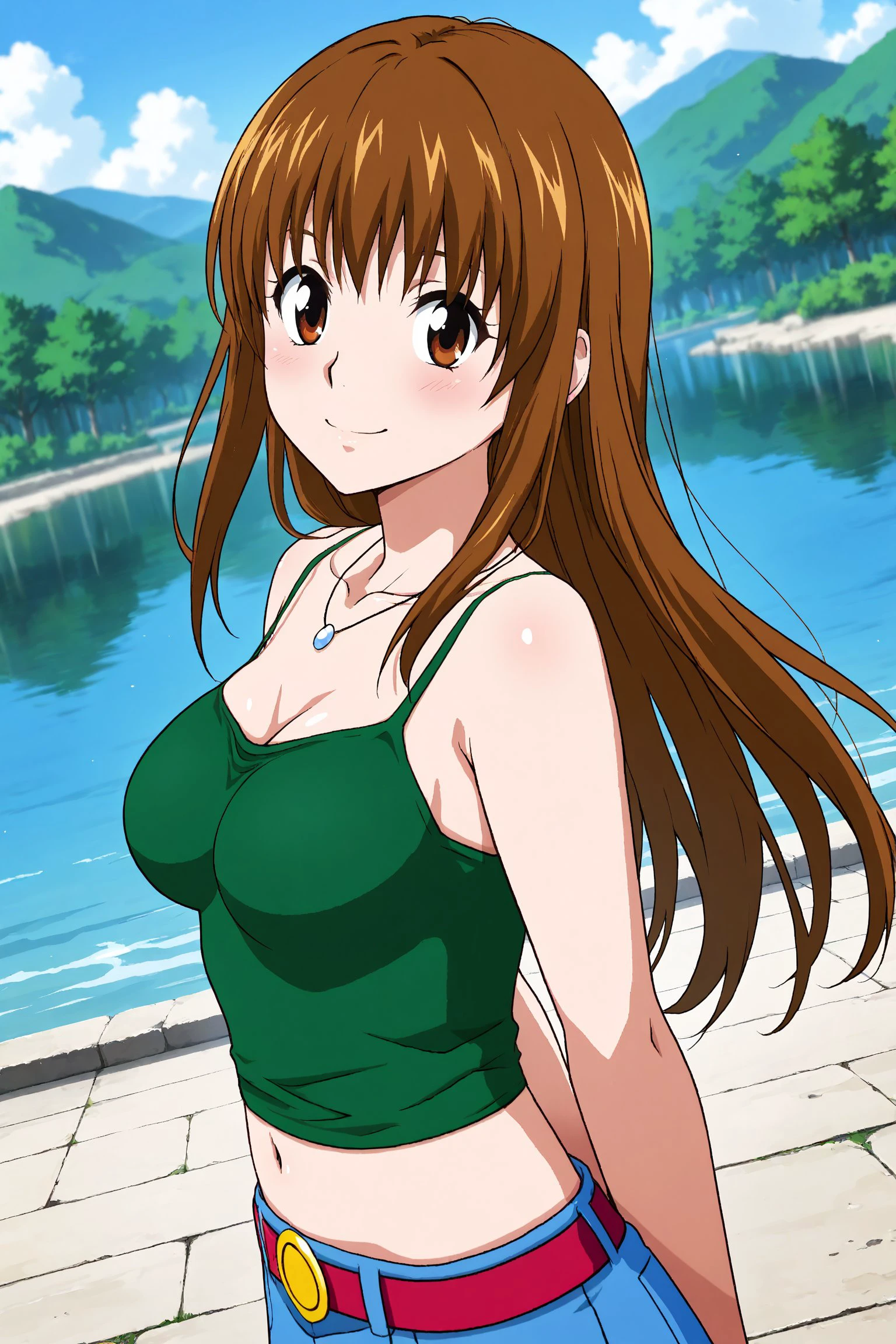 depth of field,light particle,light dramatic,high quality,masterpiece,anime screen capture, danbooru,BREAK one girl, dutch angle, BREAK Megumi, brown hair, long hair, brown eyes, gold buckle, green camisole, necklace, denim skirt, belly button, red belt, BREAK standing, hands behind back, smiling, mouth open, BREAK campsite, lakeside, sunny day