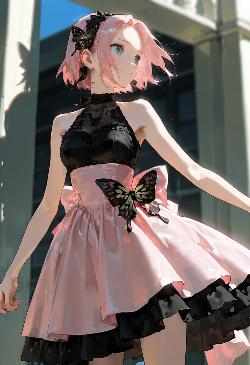 butterfly bow dress, pink dress, black dress, 1girl,solo, haruno_sakura,