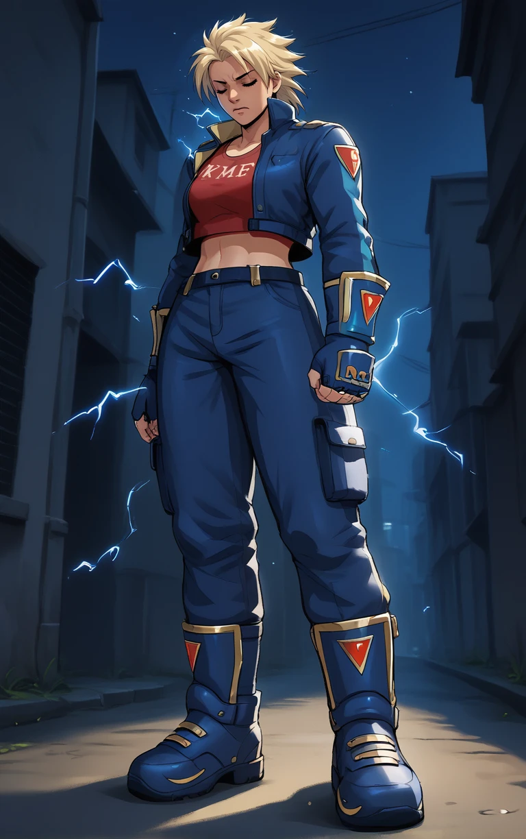 sh1n4norm, 1girl, blue jacket, (red kfm shirt:1.2), blue pants, blue boots, fingerless gloves, blue bracers, blue greaves, spikey hair, bangs, blonde hair, midriff, standing, looking down, eyes closed, meditation, focused, gathering power, electricity, alley background , night, chain link fence, <lora:shina_3forms-_bloody_roar_v1:0.9>, <lora:PONYXL_LewisArt_ownwaifu:0.5>, score_9, score_8_up, score_7_up, score_6_up, score_5_up, score_4_up,