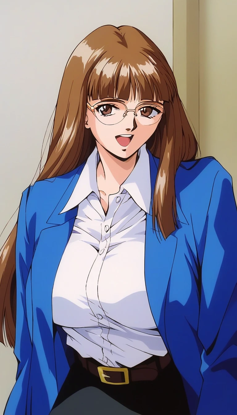 score_9, score_8_up, score_7_up, source_anime, rating_explicit, BREAK <lora:Iijima_Sensei_XL:1>
Iijima_Sensei, 1girl,solo, brown hair, glasses, long hair, brown eyes,blunt bangs, large breasts, 1990s \(style\),anime coloring, 
looking at viewer, upper body, open mouth, white shirt, long sleeves, collared shirt, blue jacket, black belt, black skirt, class room,