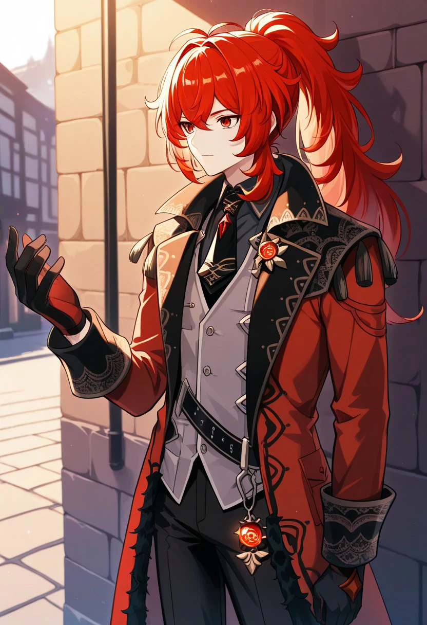 masterpiece, best quality, 
diluc, 1boy, male focus, solo, red eyes, red hair, long hair, high ponytail, bangs, hair between eyes, antenna hair, alternate costume, shirt, necktie, grey vest, coat, red coat, black gloves, pants, black pants, vision (genshin impact),
outdoor,