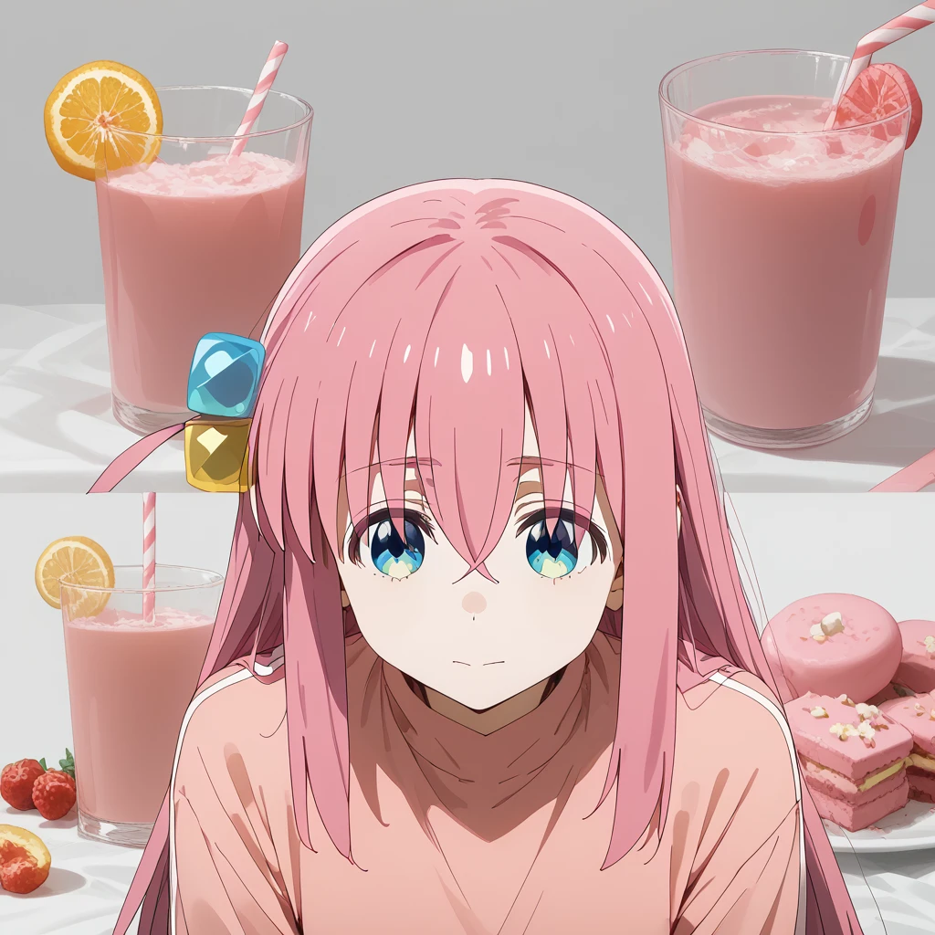 score_9, score_8_up, score_7_up, 1girl, solo, hitori gotou, blue eyes, cube hair ornament, hair between eyes, hair ornament, pink hair, one side up, long hair, food and drink background, jalebi trend <lora:Food_and_drink_background_-_Jalebi_trend:0.95>  <lora:hitori-gotou-s1-ponyxl-lora-nochekaiser:1>