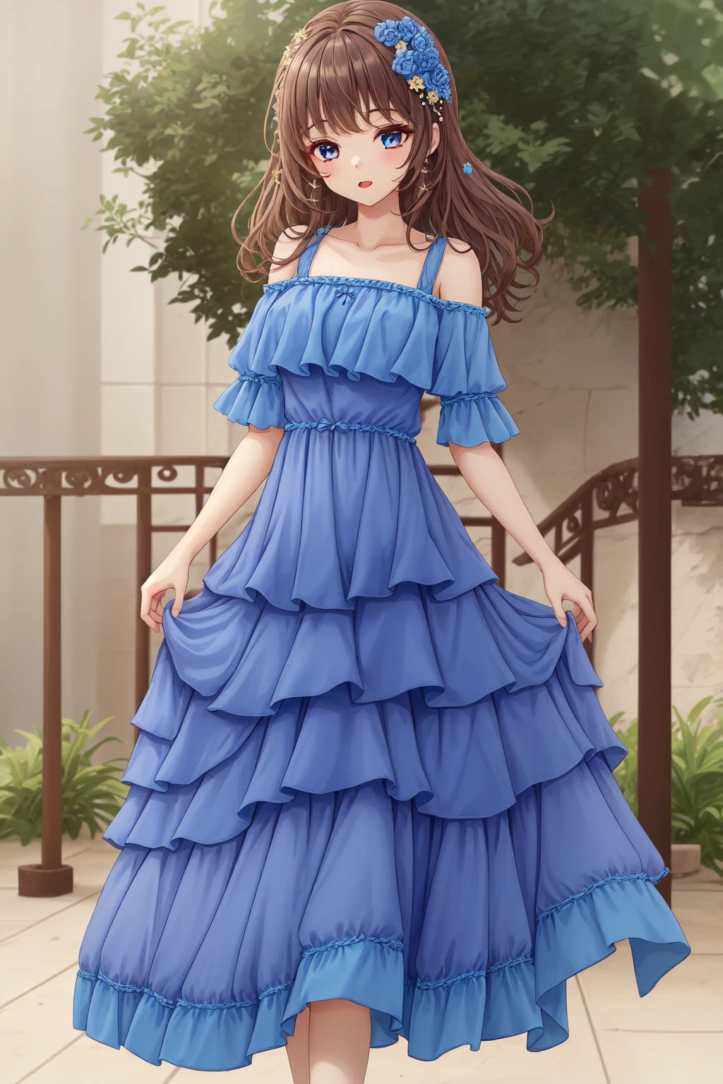 <lora:dsflnc:0.7> dsflnc, 1girl, blue dress, maxi dress, tiered skirt, flounce skirt