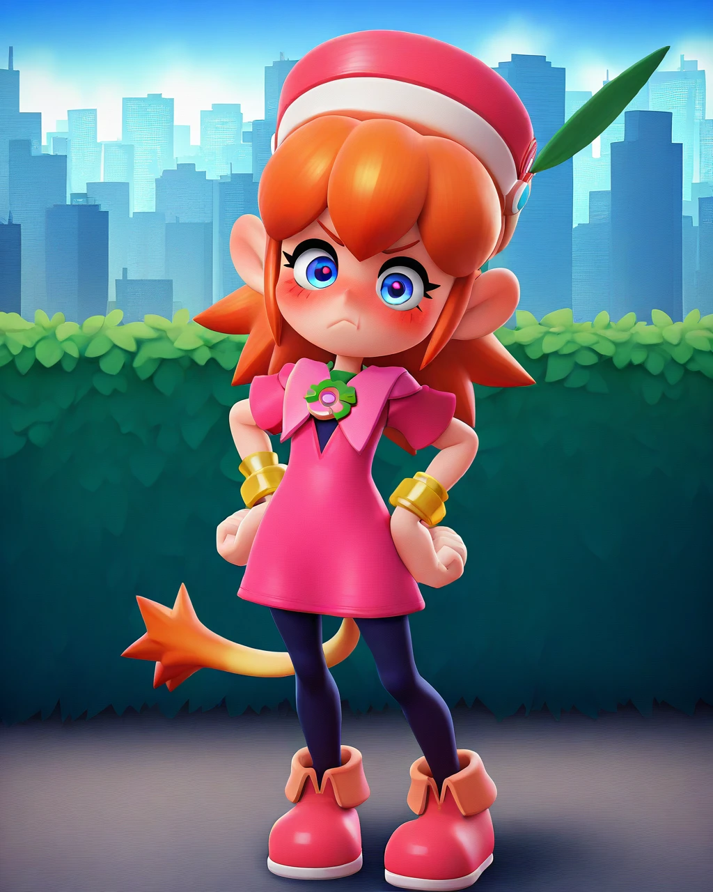 masterpiece, best quality, ninjala, 1girl, solo, knlolo, hat, pantyhose, hands on hips, pouting, blush, standing, full body, looking at viewer, (city:1.2)