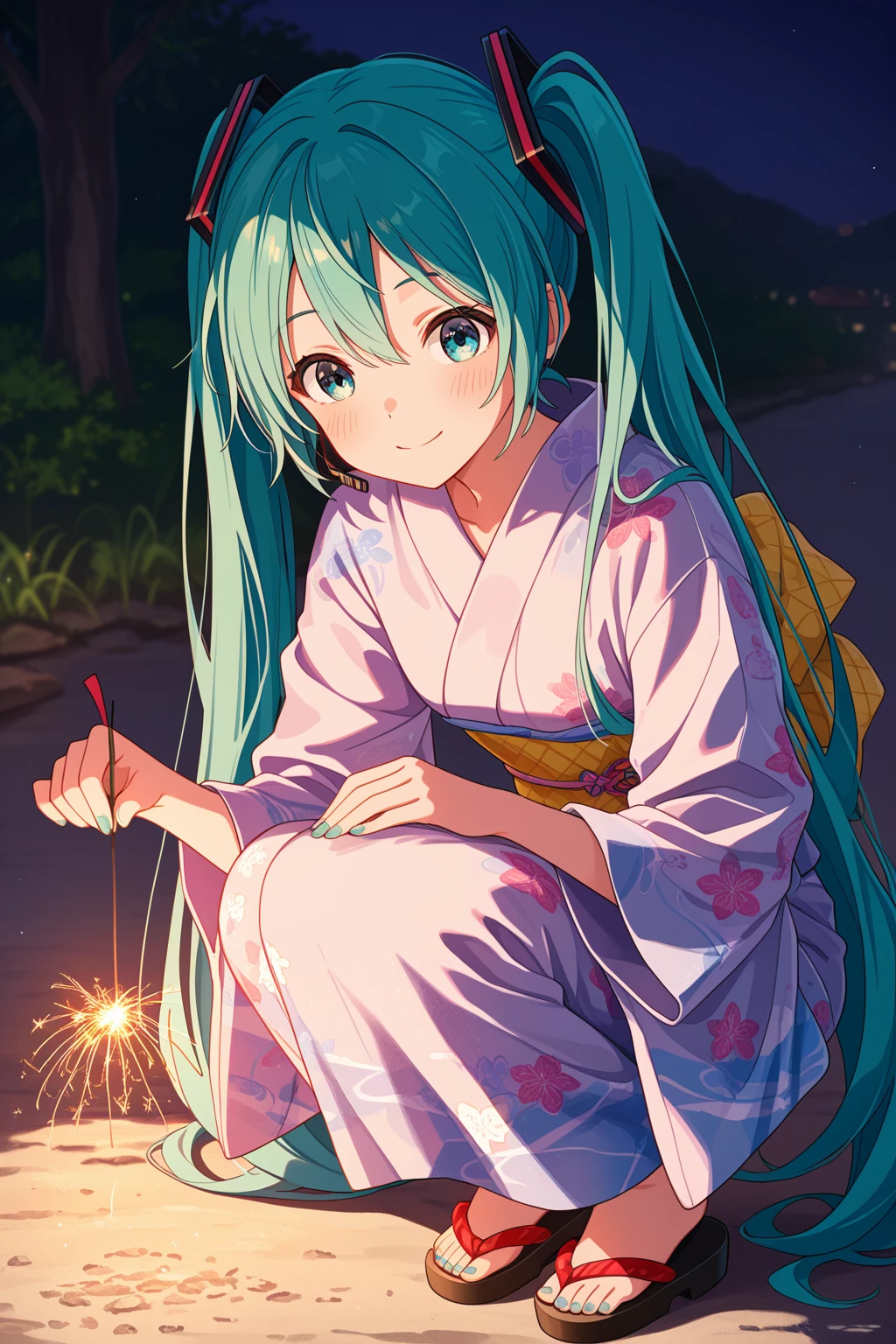 masterpiece, best quality, absurdres, safe
1girl, hatsune miku, senkou hanabi, holding fireworks, sparkler, squatting, kimono
<lora:senkou_hanabi_il_d16:1>