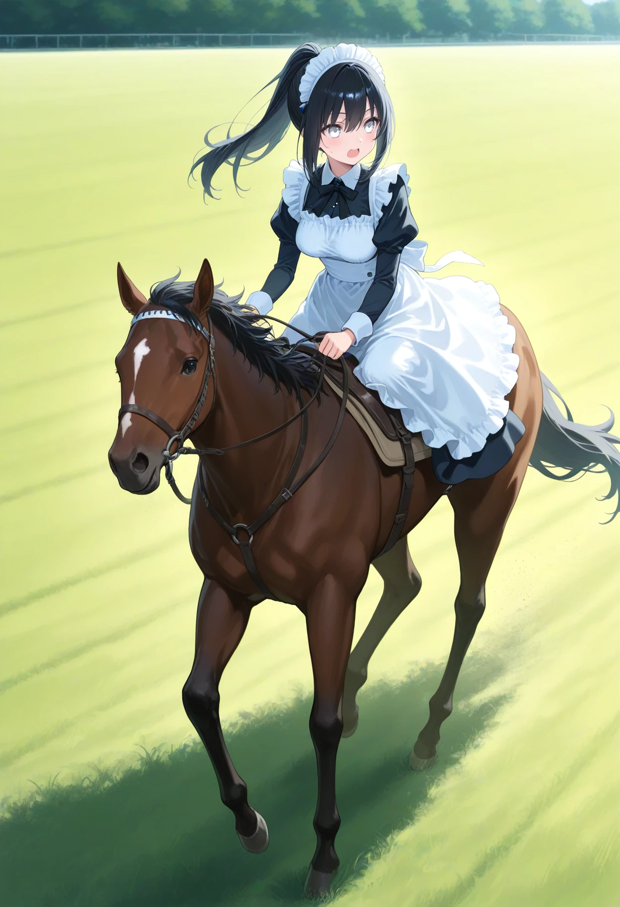 1girl,(sho \(sho lwlw\):0.7),(toosaka asagi:0.5),(sincos:0.3),solo,
masterpiece, best quality, newest, absurdres, CG, anime, source anime, illustration,
maid, maid headdress,medium breasts,
do deuce, 1boy, horse, riding, grass, outdoors, day, saddle, reins,  <lora:dodeuce_Illust_v1:0.8>
from behind, panorama shot, looking back, black hair, white eyes,anguish, open mouth, high ponytail hair,