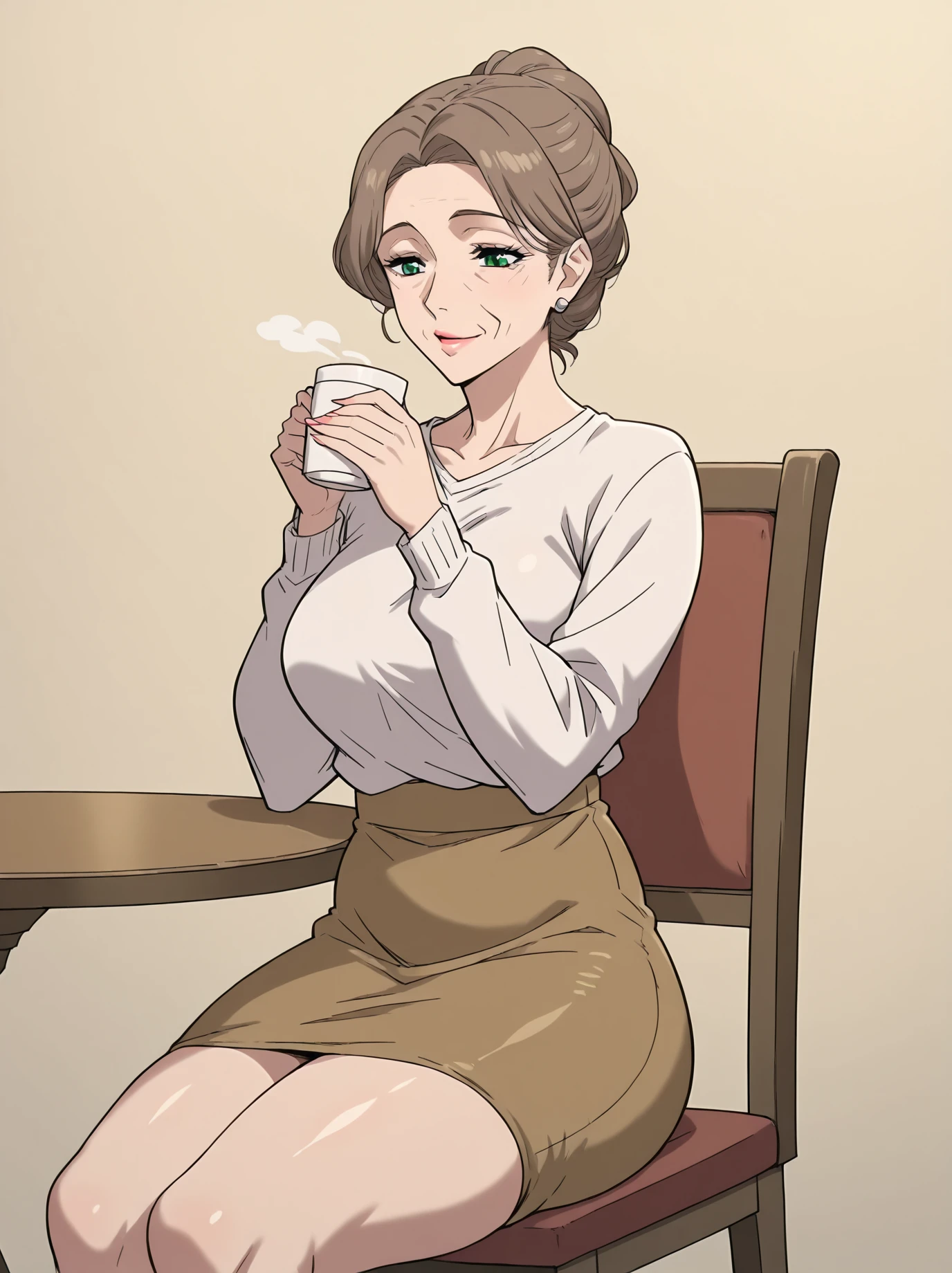 1girl, mature female, gilf, brown updo hair, green eyes, white sweaters, brown skirt, sitting on chair, sipping coffee, masterpiece, best quality, stylish, very aesthetic, absurdres <lora:Anime_Gilf:1>