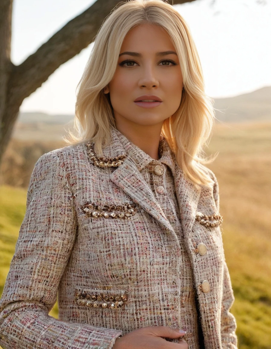 UHD, 4k, ultra detailed, cinematic, a photograph of Photorealism <lora:Skordasdxl-000008:1>, (full-body photo:1.3) of 40yo Skordasdxl woman wearing (intricate:1.1) Chanel tweed jacket, perfect face, (perfect eyes:1.2), outdoors, looking at the viewer, imperfect skin, realistic skin texture, skin pores, subsurface scattering, looking at the viewer, Photorealism, often for highly detailed representation, photographic accuracy, or visual illusion., epic, beautiful lighting, inpsiring