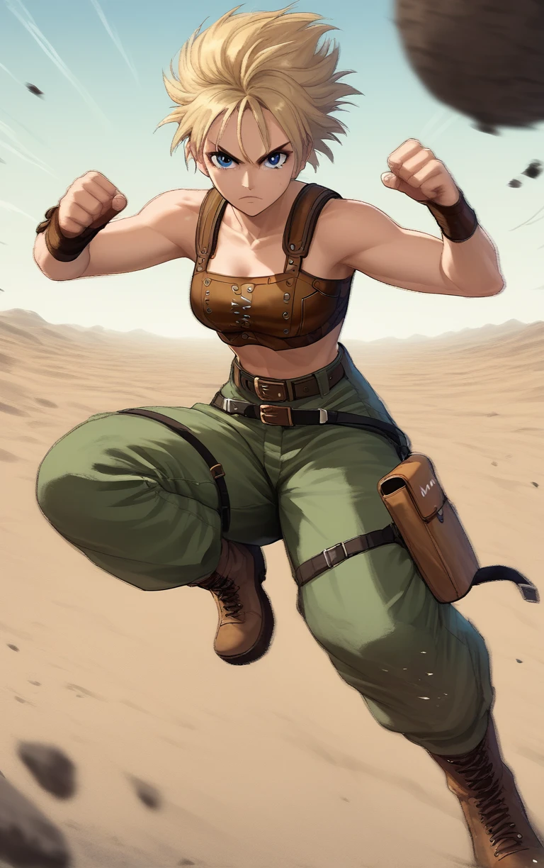 sh1n4norm, 1girl, brown leather bra, green pants, brown boots, belt, blonde, spikey hair, bangs, looking at viewer, fighting stance, winding up for punch, desert background, <lora:shina_3forms-_bloody_roar_v1:0.7>,  <lora:PONYXL_LewisArt_ownwaifu:0.5>, score_9, score_8_up, score_7_up, score_6_up, score_5_up, score_4_up,