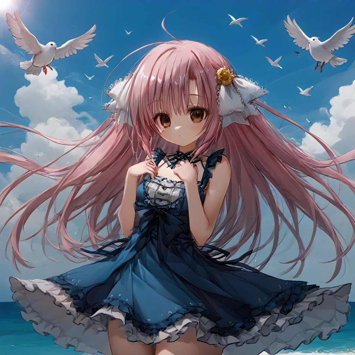 Score up 9, Score up 8, Score up 7,  yomi, (sky:1.21), sea, flower, summer, morning, blue dress girl, flying bird, looking at viewer, face, wind, cloud,(brown eyes:0.8),  pink hair,    <lora:yomi_Pony_test_after_1-000050:0.8>