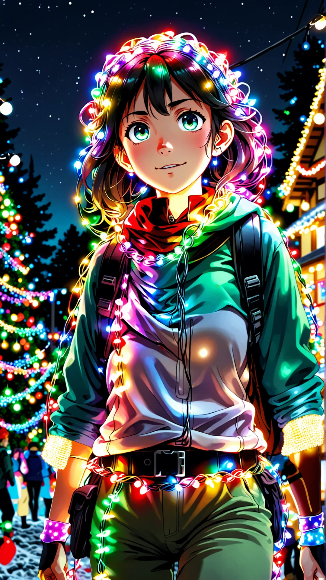 An anime depiction of a ChristmasLightsStyle Trekking. Covered in rainbow christmas lights, tangled wires all wrapped up<lora:ChristmasLightsStyleSDXL:1.0>