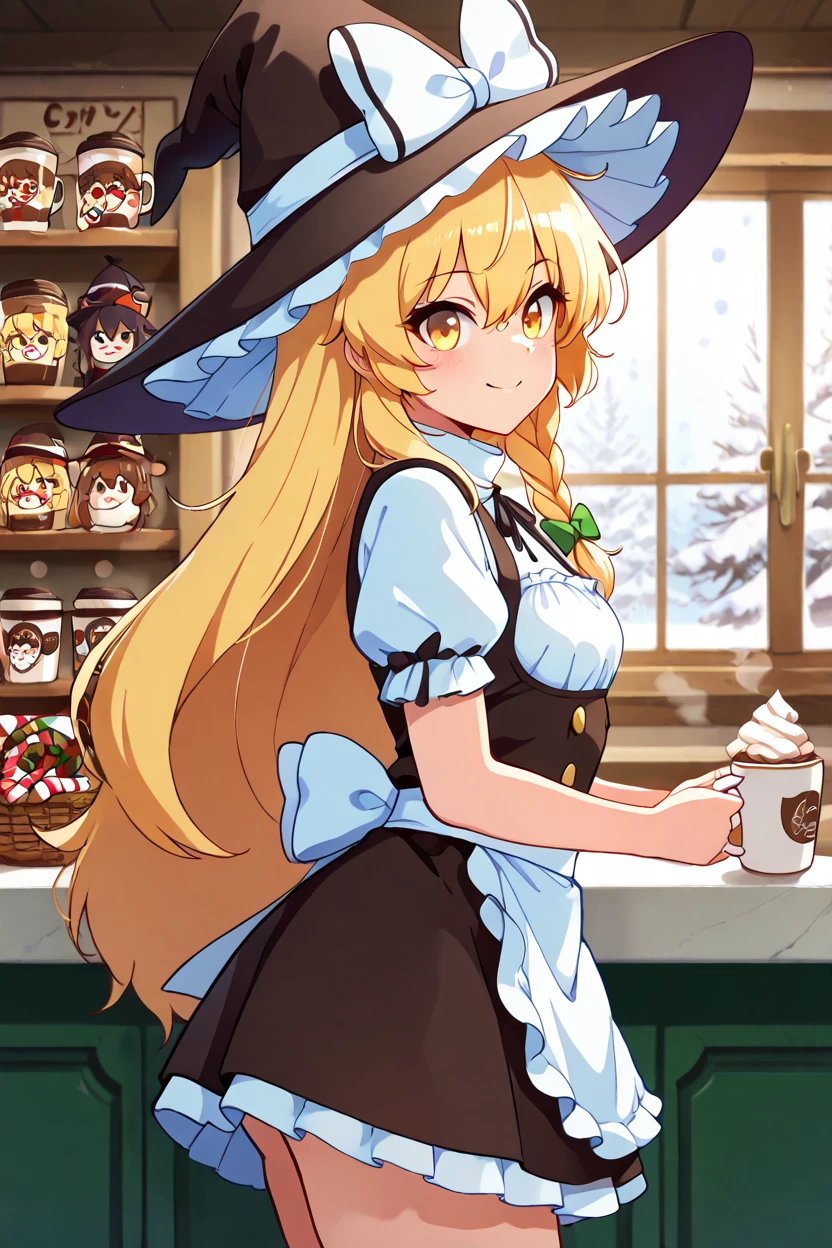 masterpiece, best quality, solo, curvy, beautiful eyes,<lora:KirisameMarisaTouhouIXL:1.0>, zzMarisa, yellow eyes, hair between eyes, blonde hair, hair bow, long hair, very long hair, single braid, bow, braid,  hat, witch hat, waist apron, short sleeves, black headwear, puffy sleeves, puffy short sleeves, hat bow, apron,  standing behind the counter of a cozy Christmas-themed coffee shop, surrounded by steaming mugs of hot cocoa topped with whipped cream and candy canes, shelves lined with festive decorations and glowing fairy lights, snow gently falling outside the frosted windows, her basket filled with holiday cookies wrapped in red and green ribbons, cheerful smile as she serves a warm drink to a customer, warm and inviting atmosphere filled with the scent of cinnamon and freshly brewed coffee   upper body, side view, smile, looking at viewer, shiny skin,<lora:DiivesIXL:1.0>,