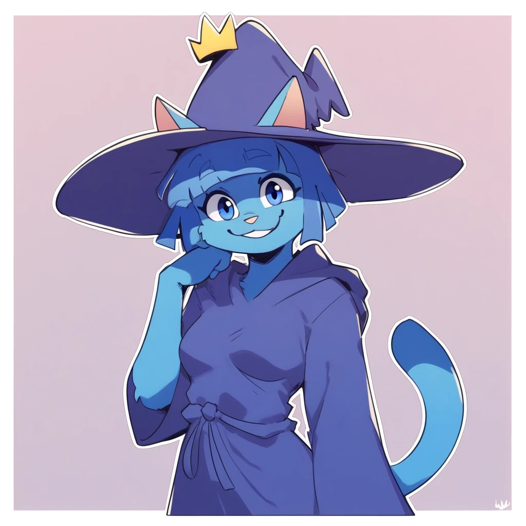 score_9_up, score_8_up, score_7_up, score_6_up, blue hair, medium breasts, furry female, blue eyes, female, furry, cat, looking at viewer, blunt bangs, robe, witch, witch hat, crown, short hair, blue hair, blue body, tail, solo, happy, smile, three-quarter view, neutral expression, head tilt, simple background, white outline,