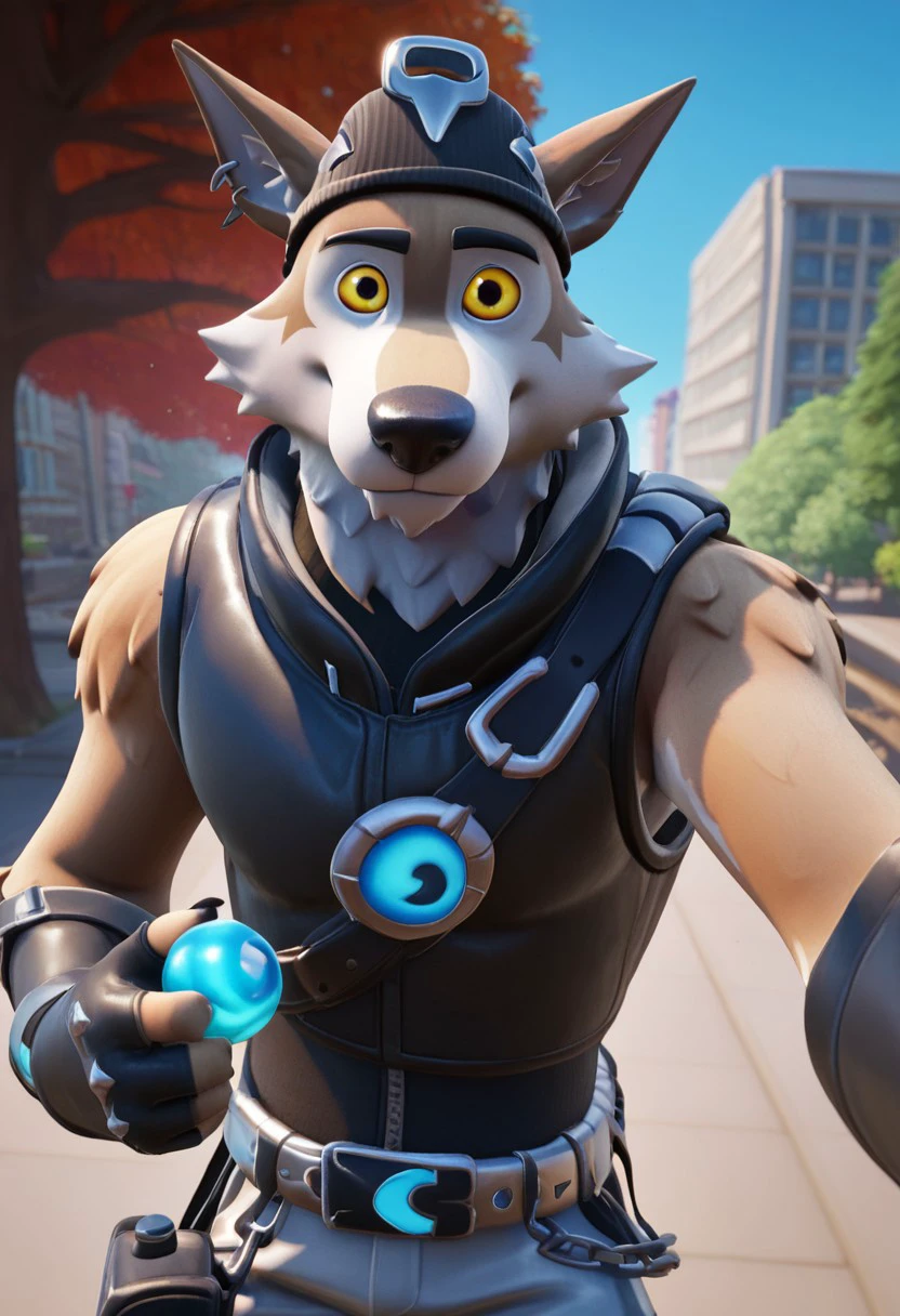 score_9, score_8_up, score_7_up, BREAK, <lora:Lunas-FortniteStyle-SDXL-A1:1>,1boy, solo, male focus, ((detailed eyes, perfect eyes, black dot as iris, relaxed eyes, eye focus)),
wendell, anthro wolf, tan and white fur, large pointed ears, yellow eyes, black beanie, earrings, black sleek sleeveless vest, glowing blue orb strapped across chest, metalic silver shorts with black trim and utility elements, silver belt, chain attached to belt, small pouch on his thigh, anthro feet, black fingerless gloves, black boots, wolf tail,
city, trees, street, upper body view,slf, selfie,giving thumbs up, looking at viewer, closed mouth,