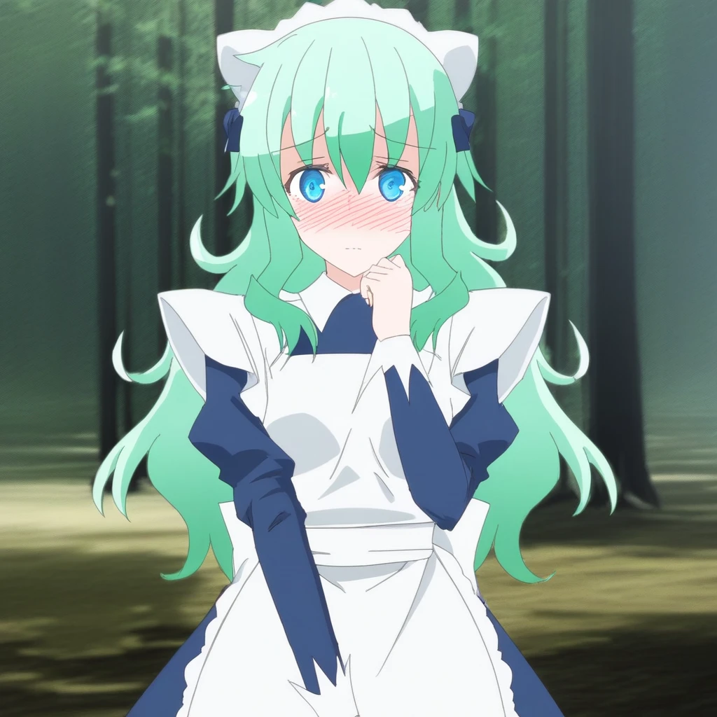 masterpiece, best quality, charlotte_tk, 1girl, long hair, green hair, maid headdress, blue eyes, maid dress, apron, looking at viewer, blush, shy, forest