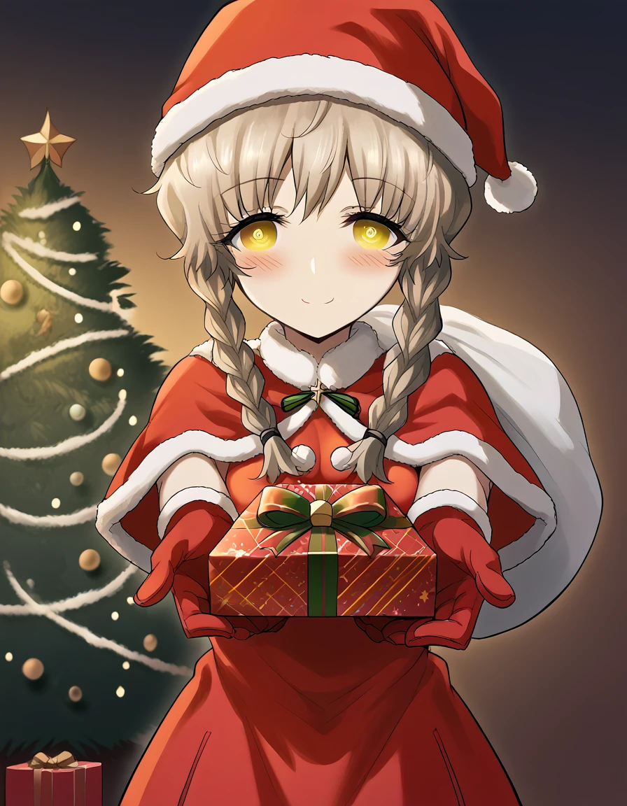 score_9, score_8_up, score_7_up, source_anime, <lora:suzuha-amane-ingame-ponyxl-lora-nochekaiser:1>, suzuha amane, bangs, brown hair, yellow eyes, braid, twin braids, medium breasts,, <lora:santa-costume-ponyxl-lora-nochekaiser:1>, santa costume, santa hat, christmas, sack, merry christmas, gift, fur-trimmed headwear, holding sack, santa dress, fur-trimmed dress, christmas tree, christmas tree, fur trim, red capelet, gift box, red gloves, fur-trimmed capelet, santa gloves, red hat, hat,, smile, blush, looking at viewer, <lora:incoming-gift-ponyxl-lora-nochekaiser:1>, incoming gift, outstretched arms, holding, holding gift, gift, gift box,, , dutch angle, cowboy shot