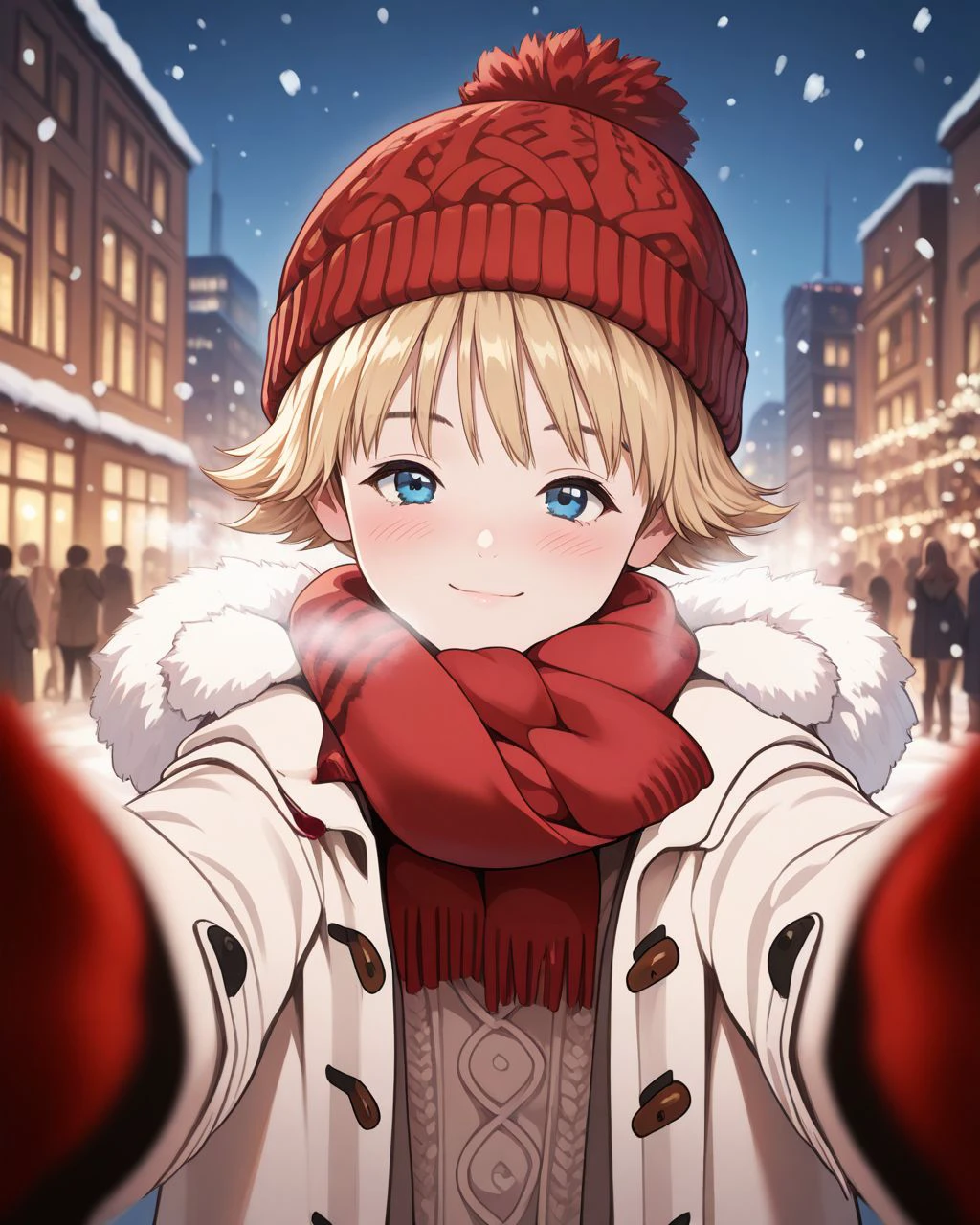 masterpiece, 1girl, short hair, curly hair, blonde hair, knit hat, gloves, 
 <lora:is_illustrious_v1-000020:0.8>
city, snowing, light smile,  <lora:pov-cheek-warming-ponyxl-lora-nochekaiser:0.9> , pov cheek warming, pov cheek warming (meme), winter gloves, duffel coat, fur-trimmed scarf, winter clothes, red mittens, meme, winter coat, red scarf, fur-trimmed coat, reaching towards viewer, reaching, mittens, fur-trimmed hood, white coat, open coat, scarf, coat, red gloves, snowing, pov, fur trim, depth of field, smile, blush,