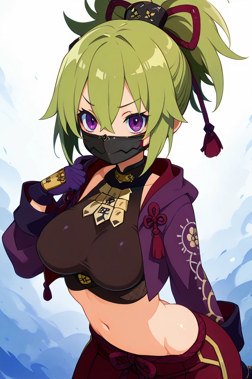 masterpiece, best quality, solo, curvy, beautiful eyes,,<lora:KukishinobuGenshinIXL:1.0>, zzKuki, purple eyes, green hair, hair ornament, ponytail, hair between eyes, mask, mouth mask, rope, jacket, purple jacket, crop top, navel, gloves, midriff, side view, ass, leaning forward, cowboy shot, smile, looking at viewer, shiny skin,<lora:HaradaTakehitoIXL_v3:1.3>, <lora:ZankuroIXLLight_v2:0.6>,