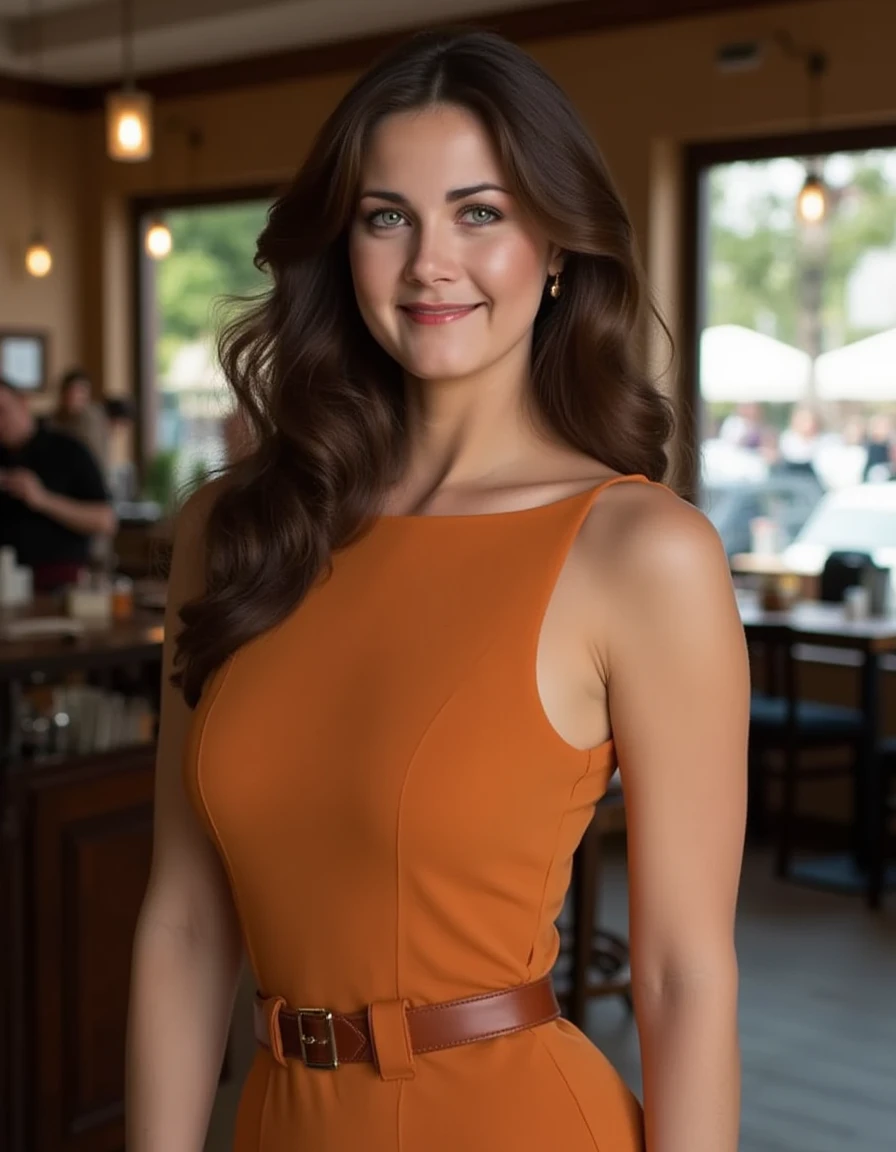 <lora:Lynda_Carter_1970s_flux:1.1> This is a photograph featuring a woman, with fair skin and  voluminous wavy brown hair cascading over her shoulders, wearing a boatneck dress, belt, accentuating her hour glass figure. Standing in a cafe, looking at the viewer, smiling