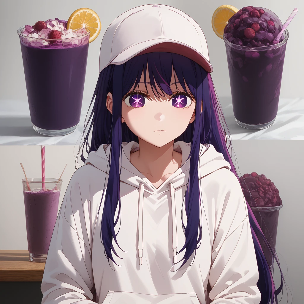 score_9, score_8_up, score_7_up, 1girl, solo, ai hoshino, long hair, bangs, purple eyes, purple hair, symbol-shaped pupils, hood, hoodie, hood down, long sleeves, white hoodie, hat, baseball cap, food and drink background, jalebi trend <lora:Food_and_drink_background_-_Jalebi_trend:0.95> <lora:ai-hoshino-s1-ponyxl-lora-nochekaiser:1>