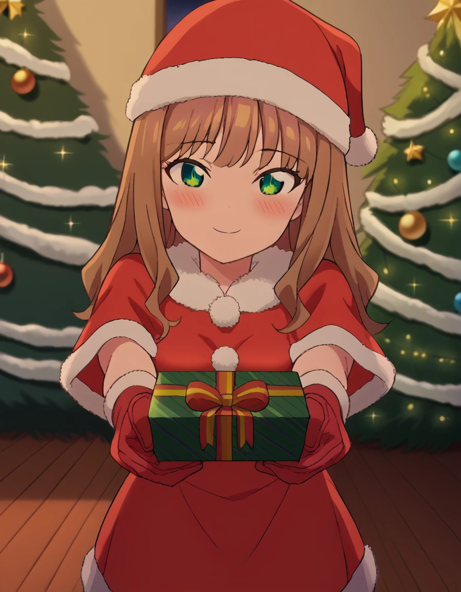 score_9, score_8_up, score_7_up, source_anime, <lora:yume-minami-s1-ponyxl-lora-nochekaiser:1>, yume minami, long hair, brown hair, green eyes, bangs, medium breasts, anime screencap,, <lora:santa-costume-ponyxl-lora-nochekaiser:1>, santa costume, santa hat, christmas, sack, merry christmas, gift, fur-trimmed headwear, holding sack, santa dress, fur-trimmed dress, christmas tree, christmas tree, fur trim, red capelet, gift box, red gloves, fur-trimmed capelet, santa gloves, red hat, hat,, smile, blush, looking at viewer, <lora:incoming-gift-ponyxl-lora-nochekaiser:1>, incoming gift, outstretched arms, holding, holding gift, gift, gift box,, , dutch angle, cowboy shot