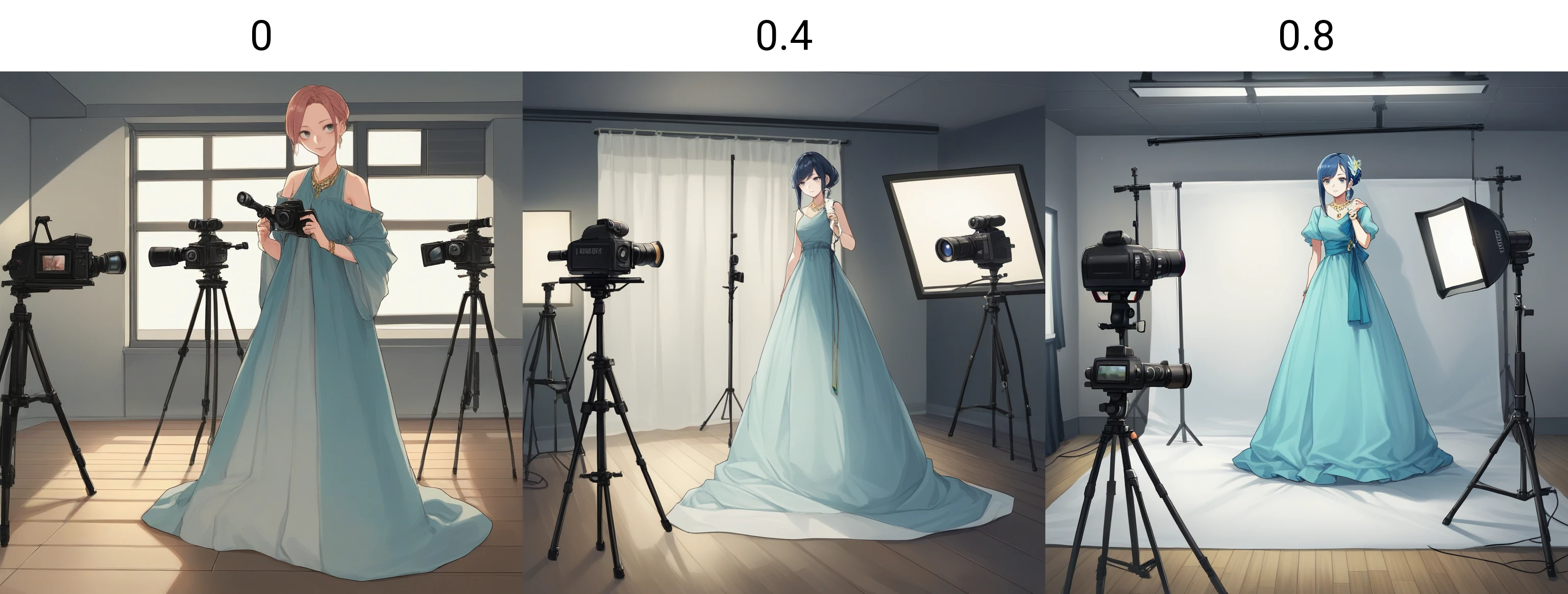 zPDXL2,score_9, score_8_up, score_7_up, score_6_up, score_5_up, score_4_up, source_anime, 1girl, solo, long dress, jewellery,  <lora:Photo_Studio:0> stud1o, indoors, studio lights, backdrop, camera tripod,