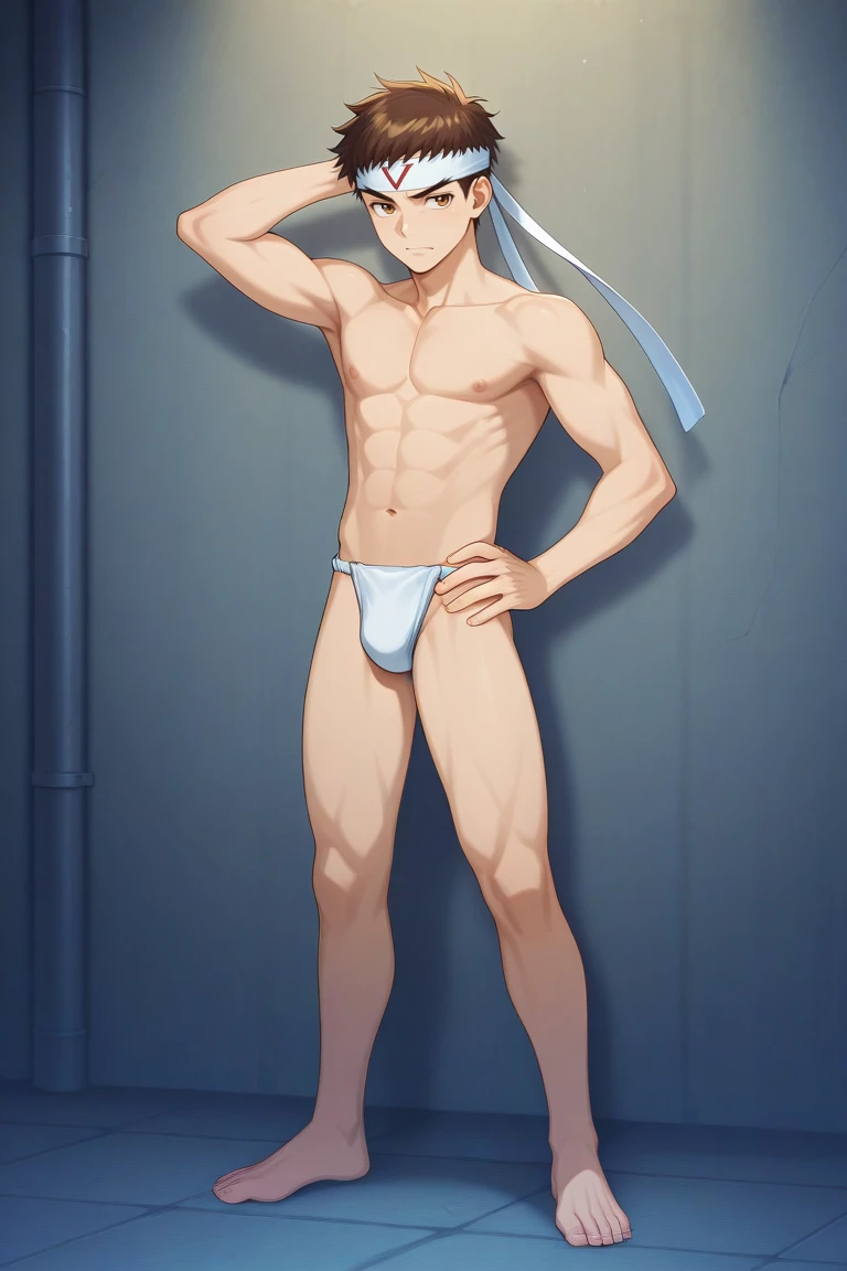 score_9, score_8_up, score_7_up, score_6_up, score_5_up,score_4_up, source_anime 
masterpiece, best quality, amazing quality, very aesthetic, absurdres, newest, official art,
jin saotome, brown hair, brown eyes, headband, male focus, 1boy, solo, fundoshi, japanese clothes, white male underwear, full body, underwear, hachimaki, thick thighs, male underwear, short hair, thighs, navel, topless male, underwear only, stomach, nipples
